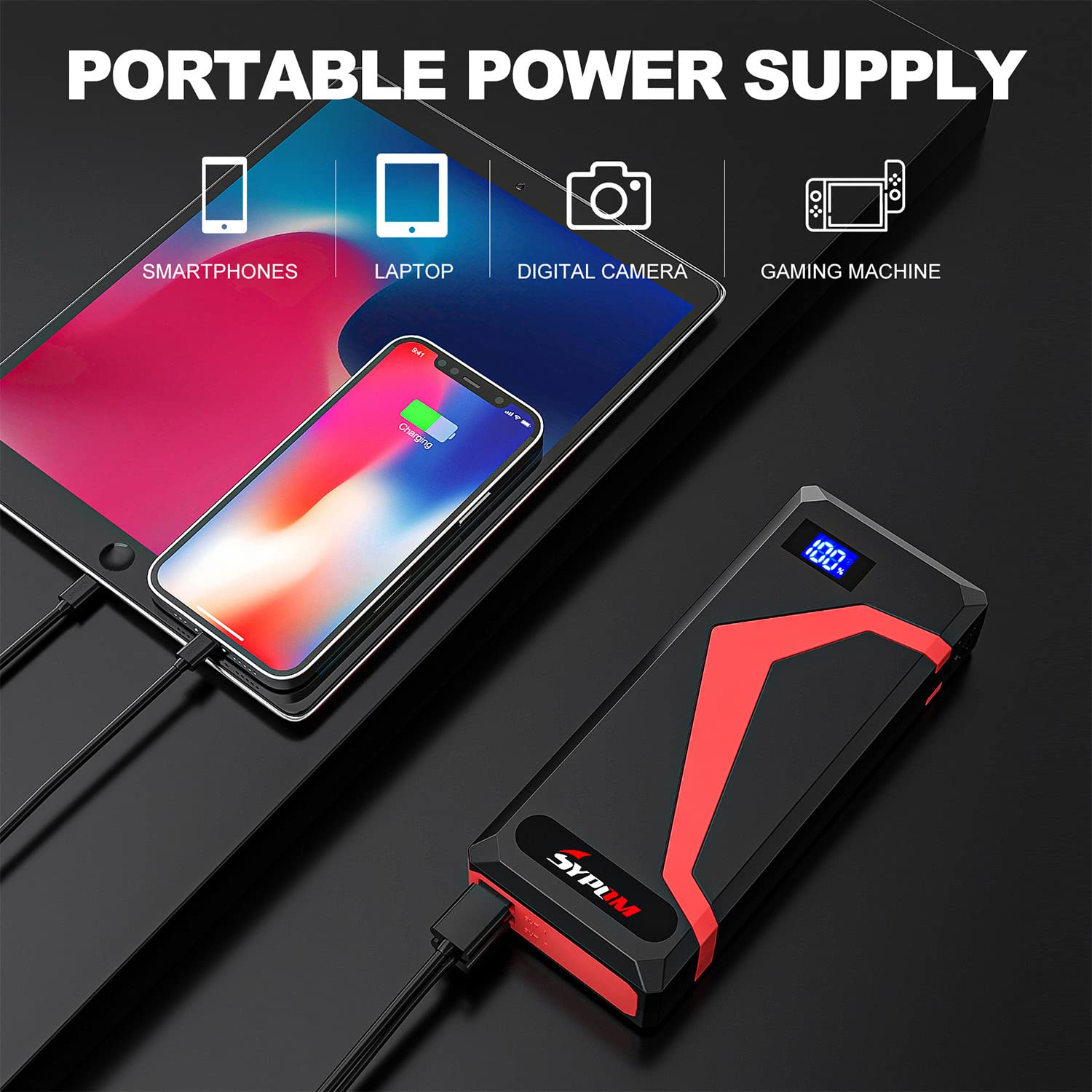 SYPOM 4150A Peak Jump Starter - 12V Portable Battery Pack for Gas/Diesel, Dual USB Power Bank, Emergency Light, Red
