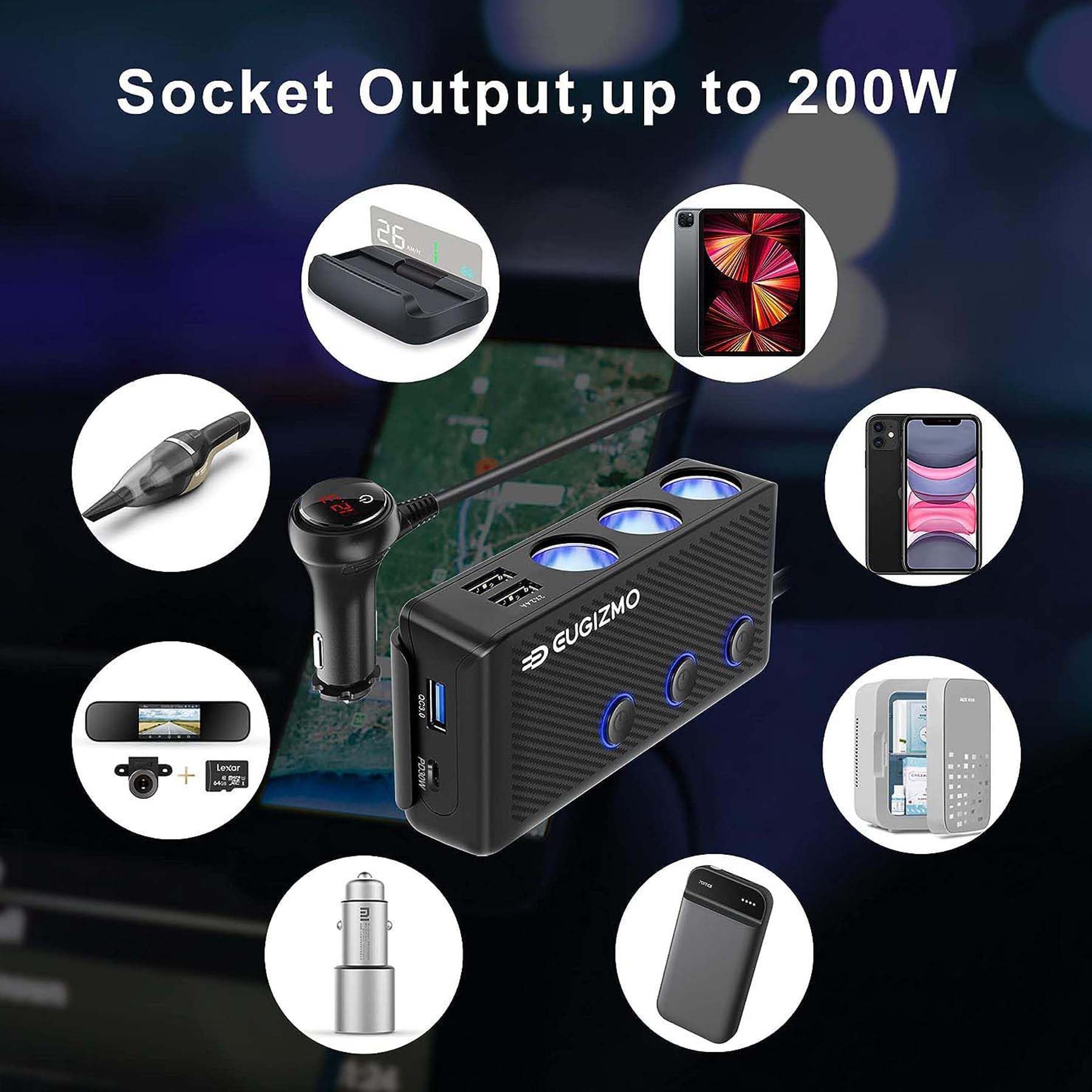 Eugizmo Cigarette Lighter Plug Splitter, 3 Socket 200W Car Cigarette Lighter Adapter Usb Charger Extension Cord Multi Port Power