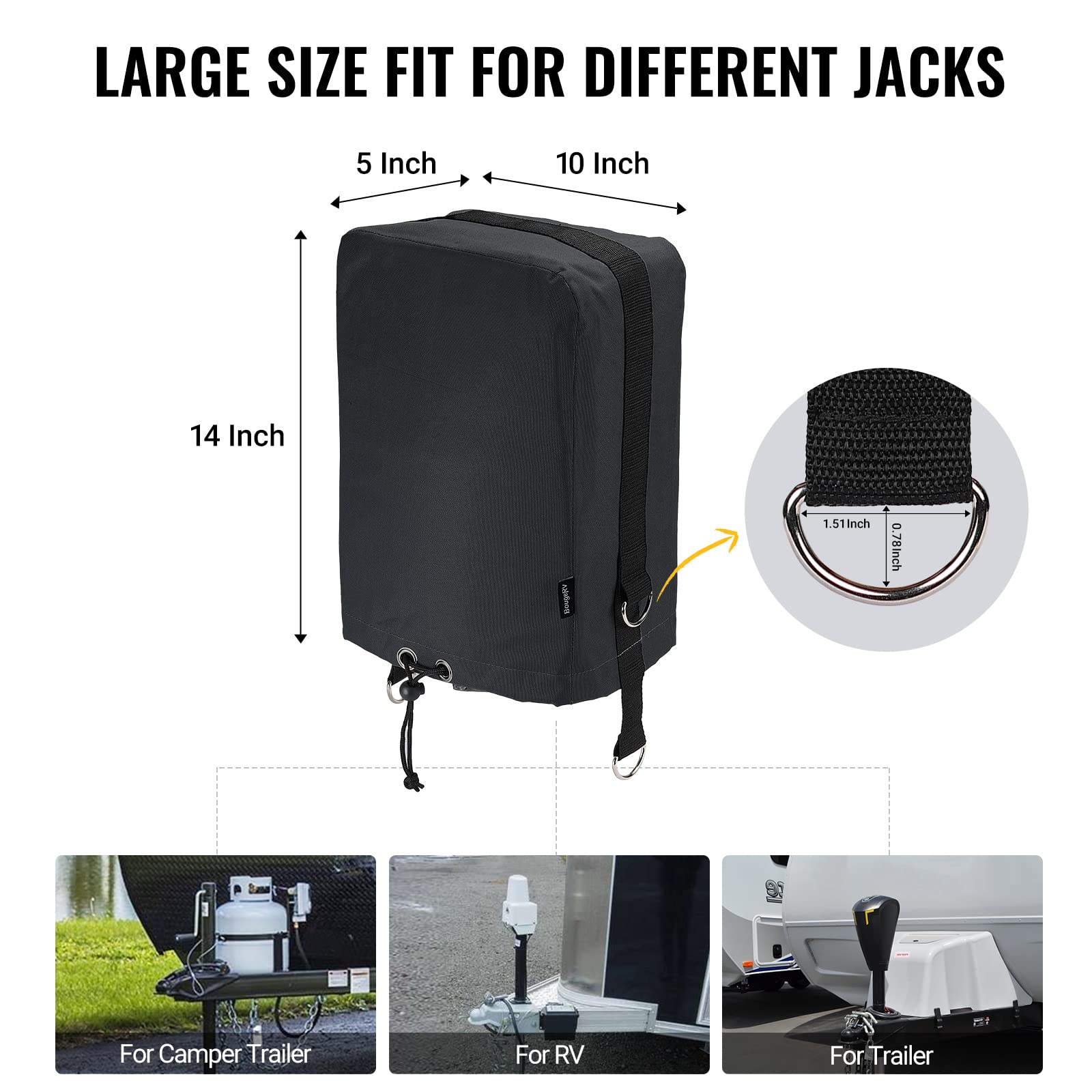 BougeRV RV Electric Tongue Jack Cover, 600D Black Protective Cover with D Rings, Model IRV082, Universal Fit for RV Accessories