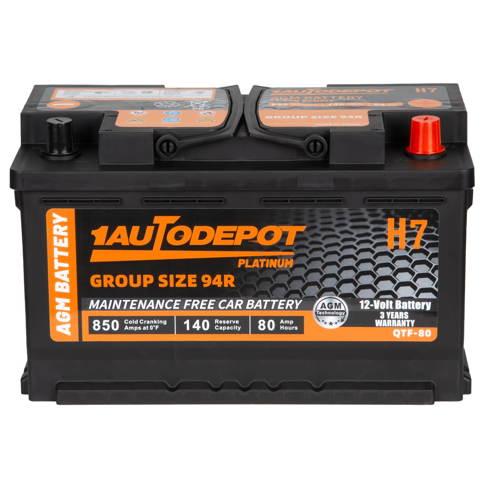 1AUTODEPOT BCI Group 94R Car Battery, 12V 80Ah AGM, 850 CCA, Maintenance Free, Model BAB-0071
