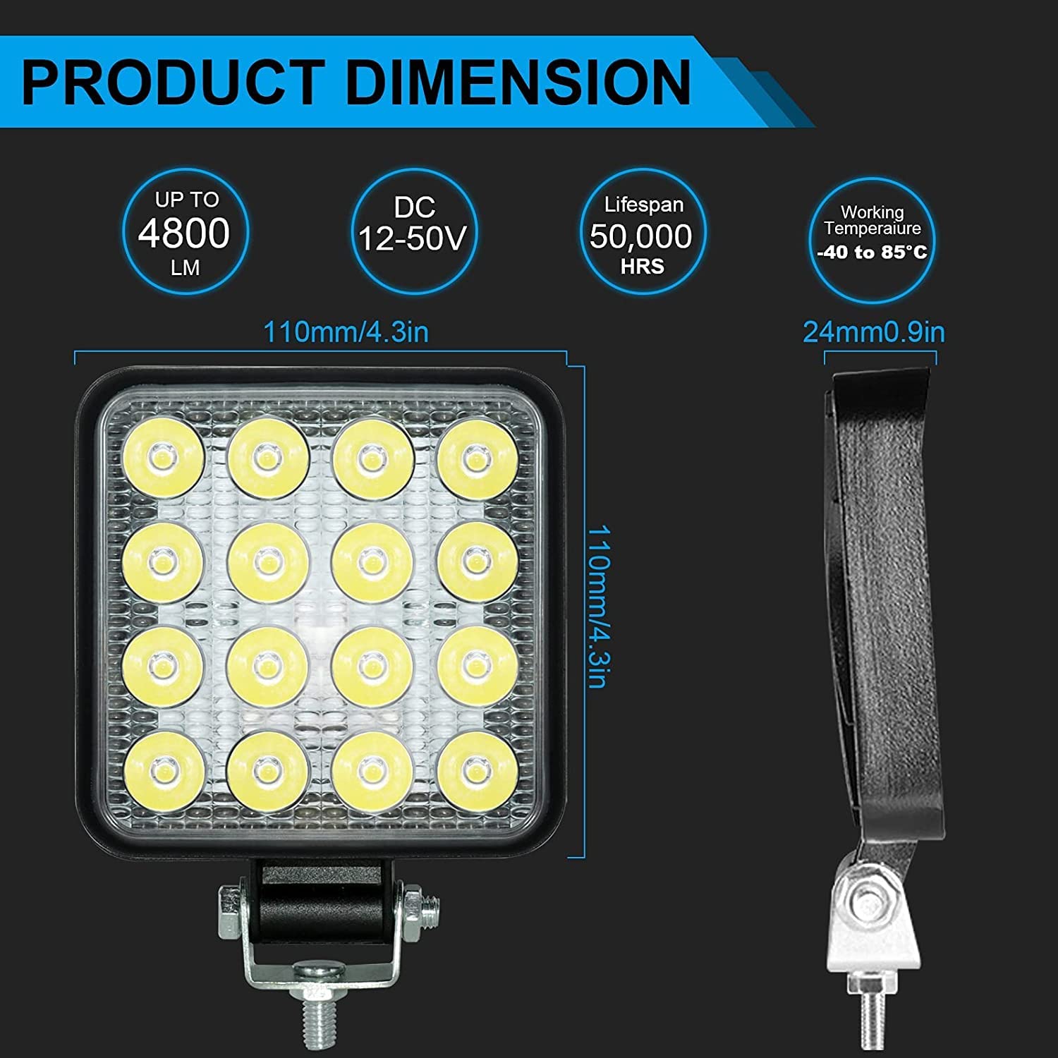 Antom 12V Led Flood Tractor Work Reserve Lights, 57W Backup Driving Lights For Tow Trucks, Tractor, Trailer Cargo, Skid Steer, Forklift, Kayak (10Pcs Square)