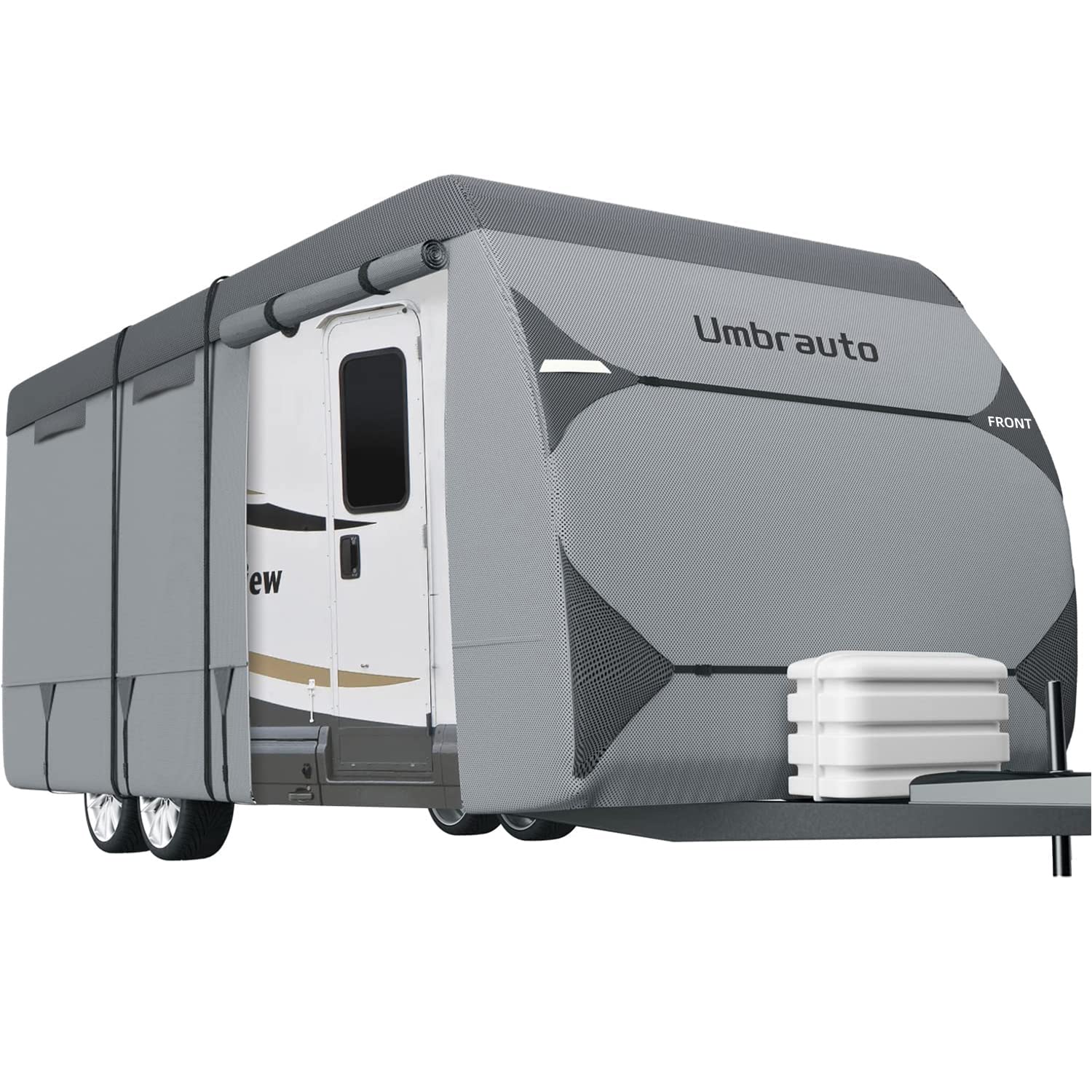 Rv Cover Umbrauto 2023 Upgraded 7 Layers Top Camper Cover Windproof Travel Trailer Cover For 14' To 16' Rv, Toy Hauler Cover With Tongue Jack Cover, Extra Windproof Ropes, Gutter Covers