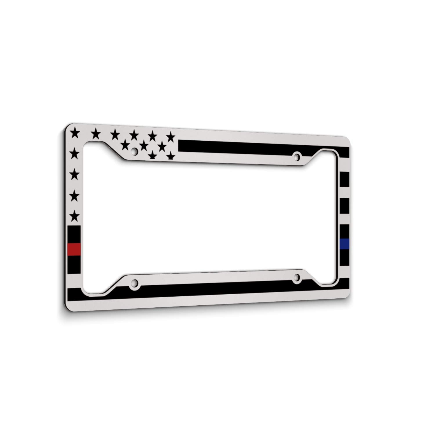 American Flag License Plate Frame - Thin Red Line Thin Blue Line- Car Tag Frame -Red Blue On Whiite Police Firefighter