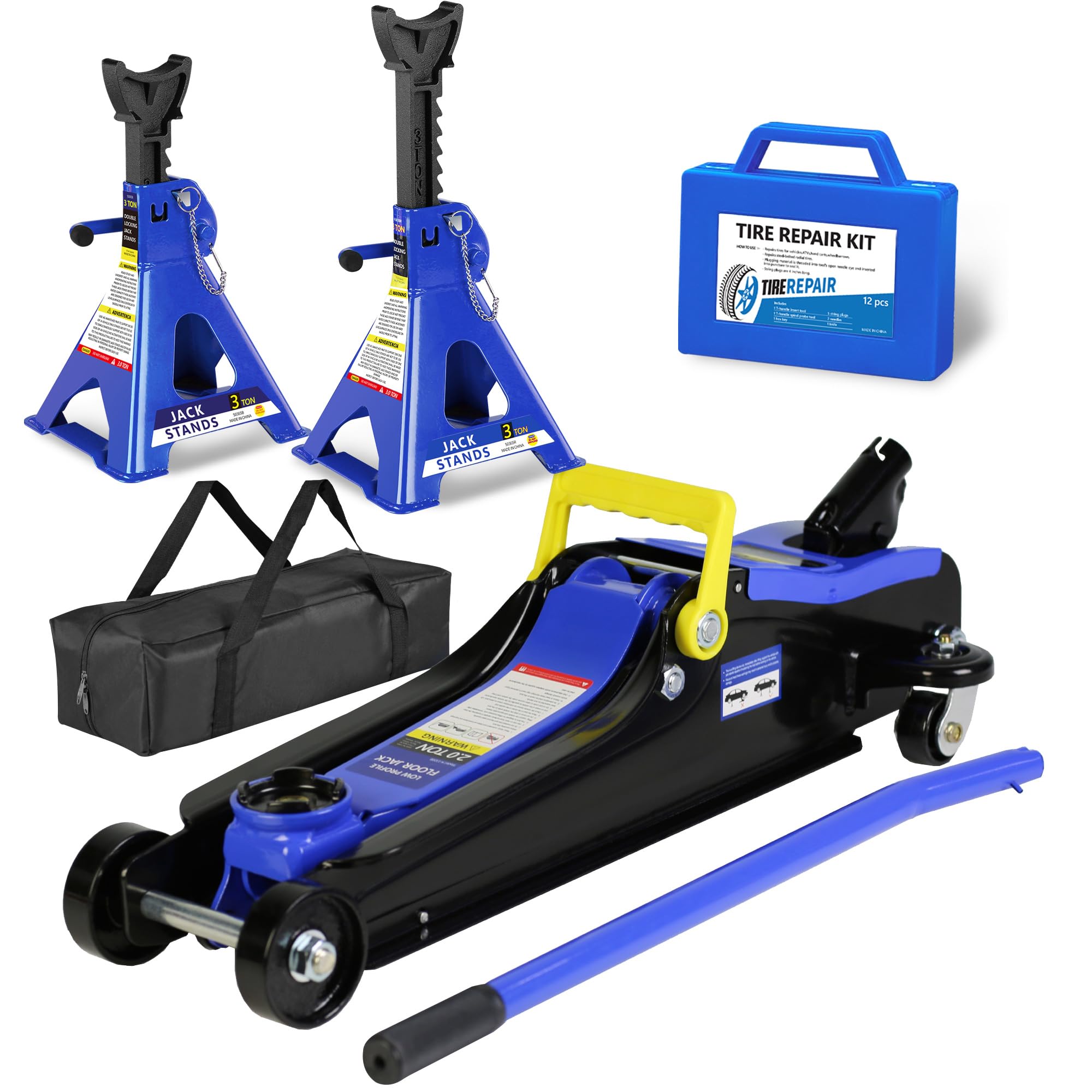 4 Piece Car Truck Floor Jack Service with Jack Stands Tire Repair Kit for Garages, Automotive,Repair Shops and DIY, Portable, 2 