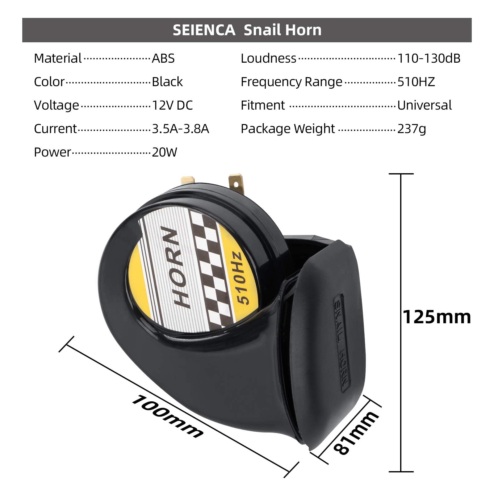 SEINECA 12V Snail Horn Siren 130DB Waterproof Electric Air Horn for Motorcycle & Car - Black