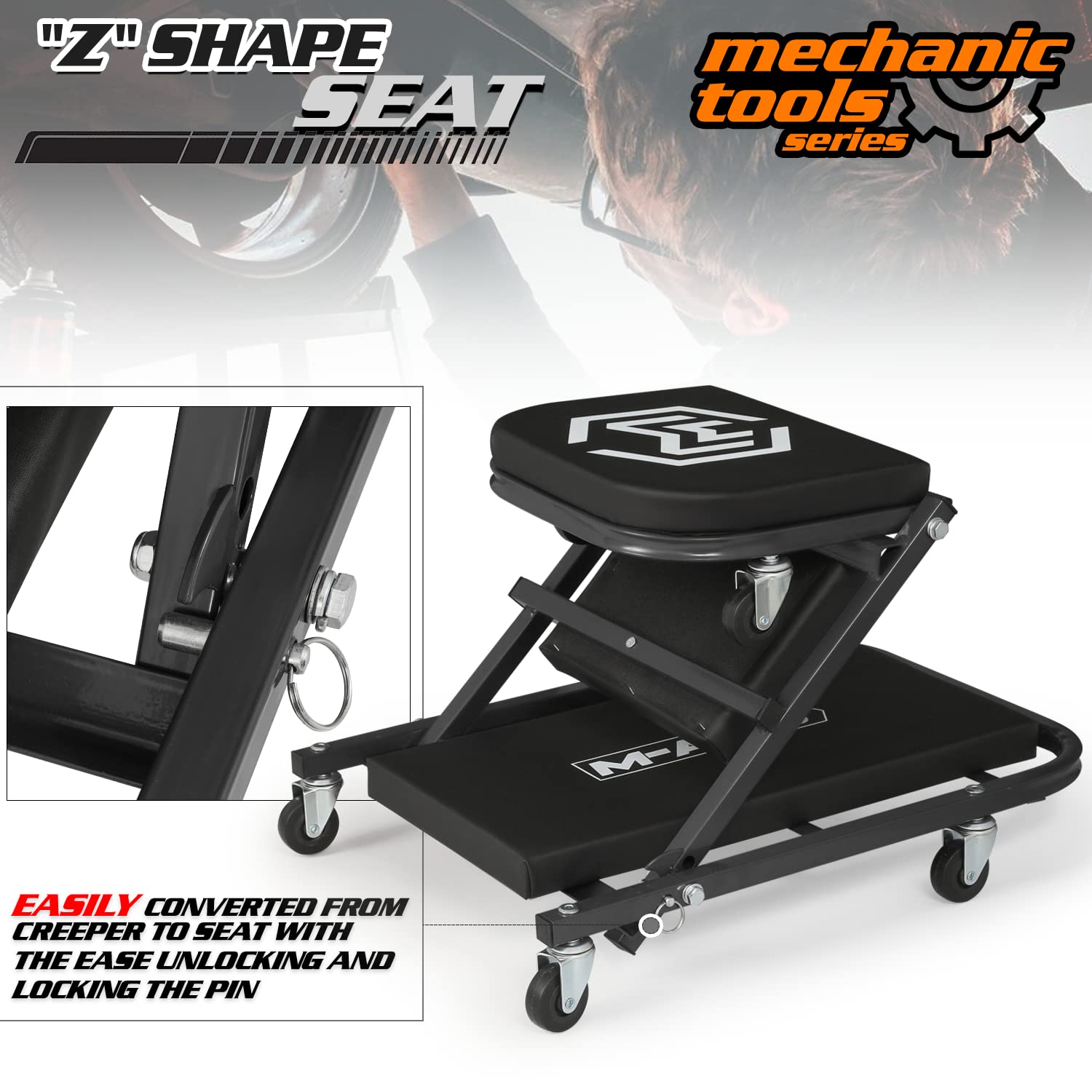 M-AUTO 40-Inch Folding Creeper Rolling Seat, Adjustable Garage Chair, 330LBS Capacity, Black