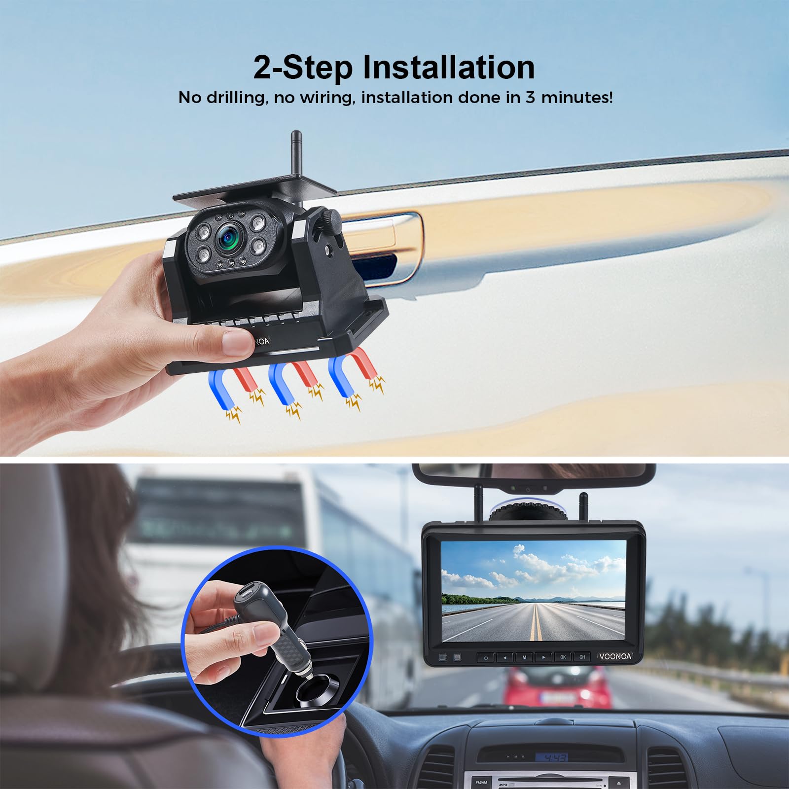 VOONOA 2CAM Magnetic Wireless Backup Camera System with 7'' HD Monitor, 9600mAh, Waterproof, Dual Solar, Black for Towing RV/Truck