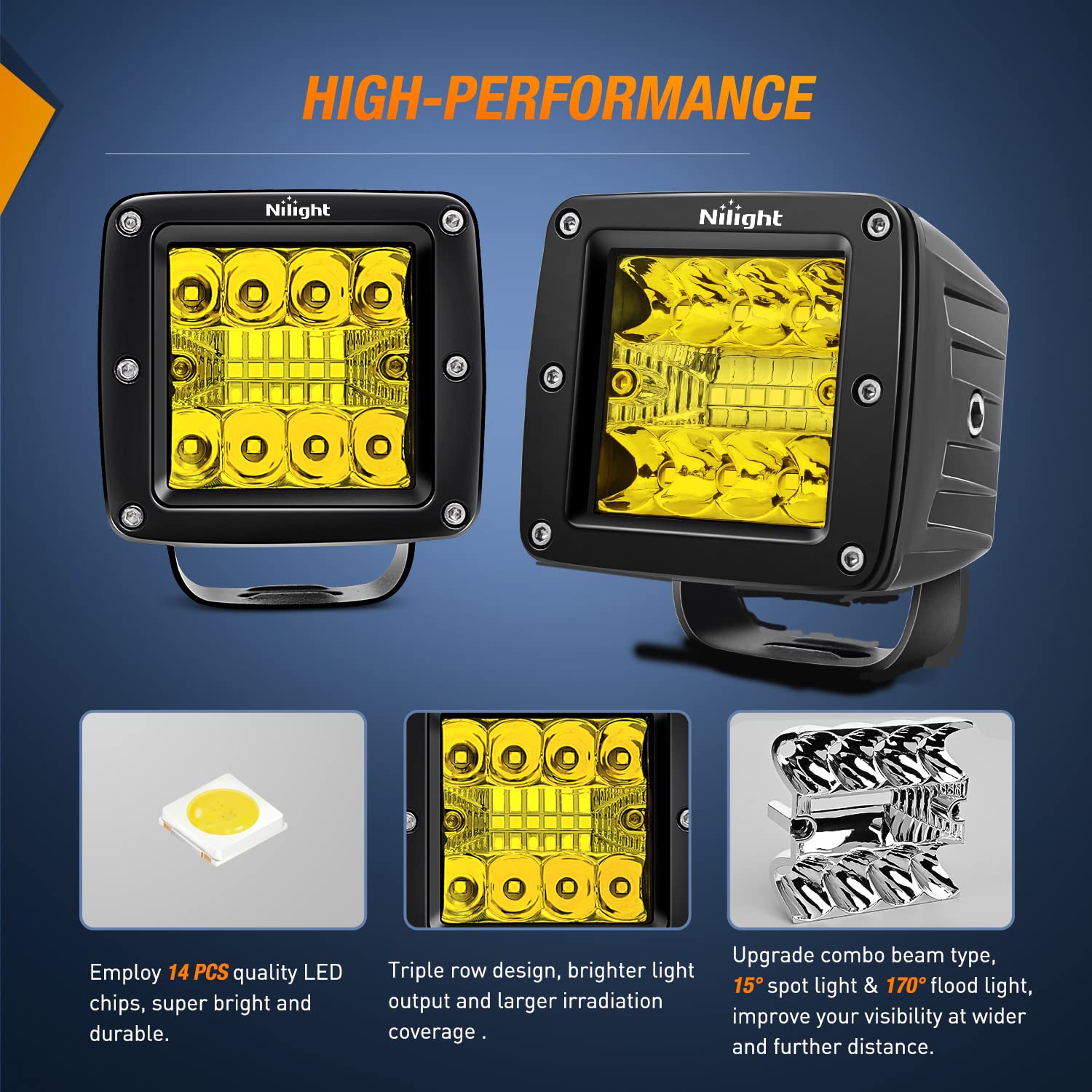 Nilight 2Pcs 3Inch Amber Led Pods 42W Led Cubes Upgraded Spot Flood Combo Driving Backup Light Reverse Light With Off Road Wirin