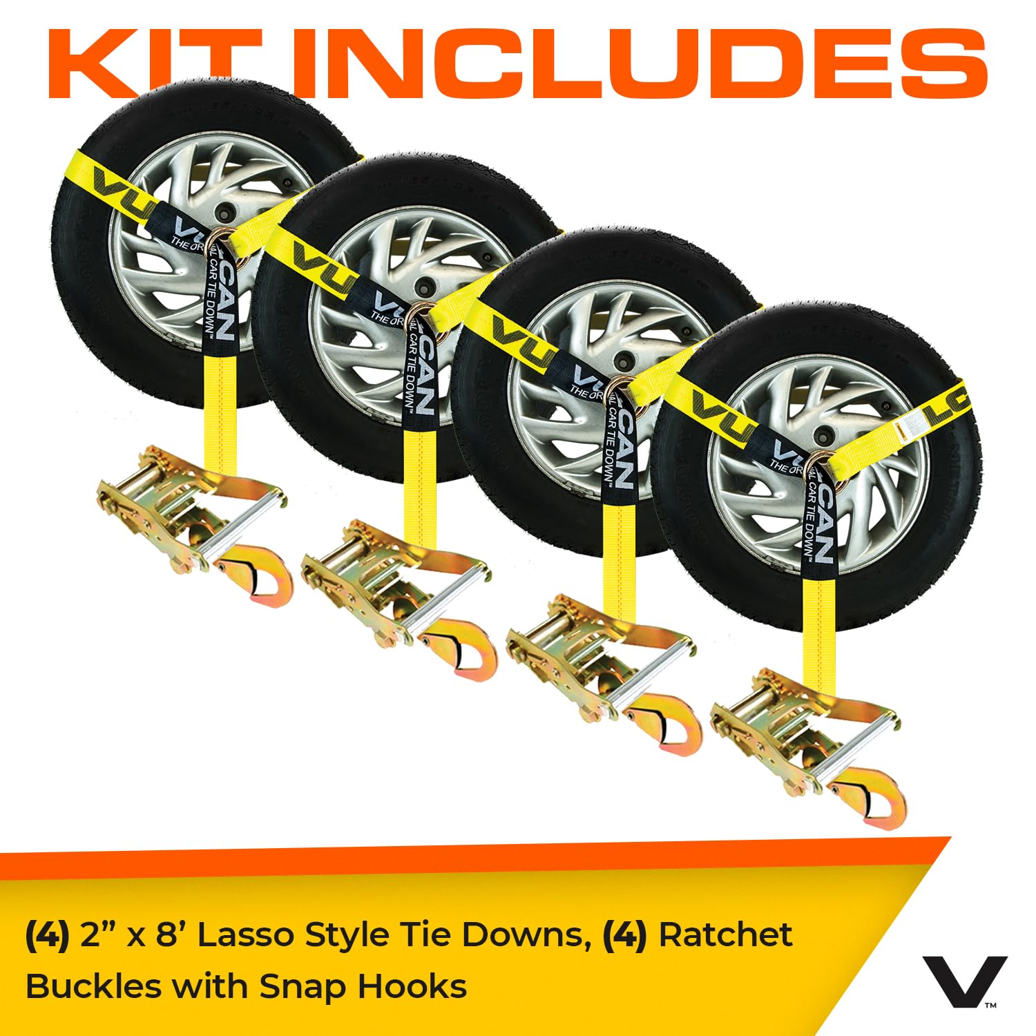VULCAN Car Tie Down Straps - 2" x 96" - 4 Pack - Snap Hooks - Classic Yellow - 3,300 lb Safe Working Load