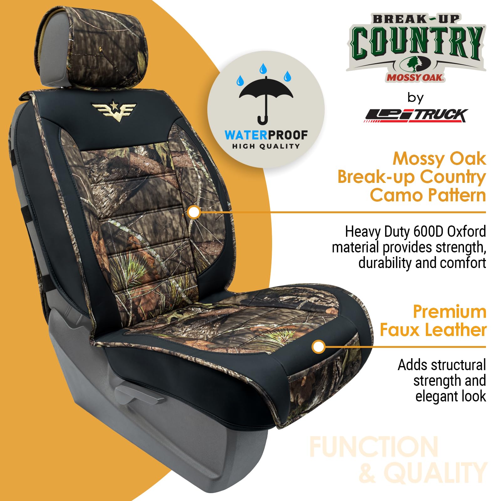 LPI Truck Mossy Oak Heavy Duty Truck Seat Covers, Waterproof, 600D Camo, Front & Rear Pockets, Fits Full-Size Truck SUV, Model 1420017LT