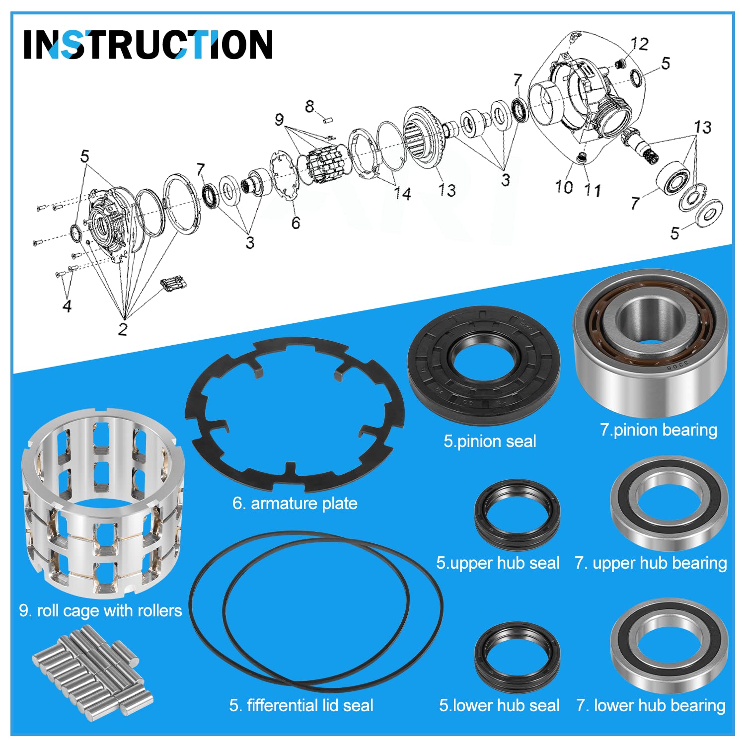 Yoursme Front Differential Rebuild Kit for Polaris RZR 570/800/900, Aluminum Roll Cage, Steel Rollers, Model P-10PC