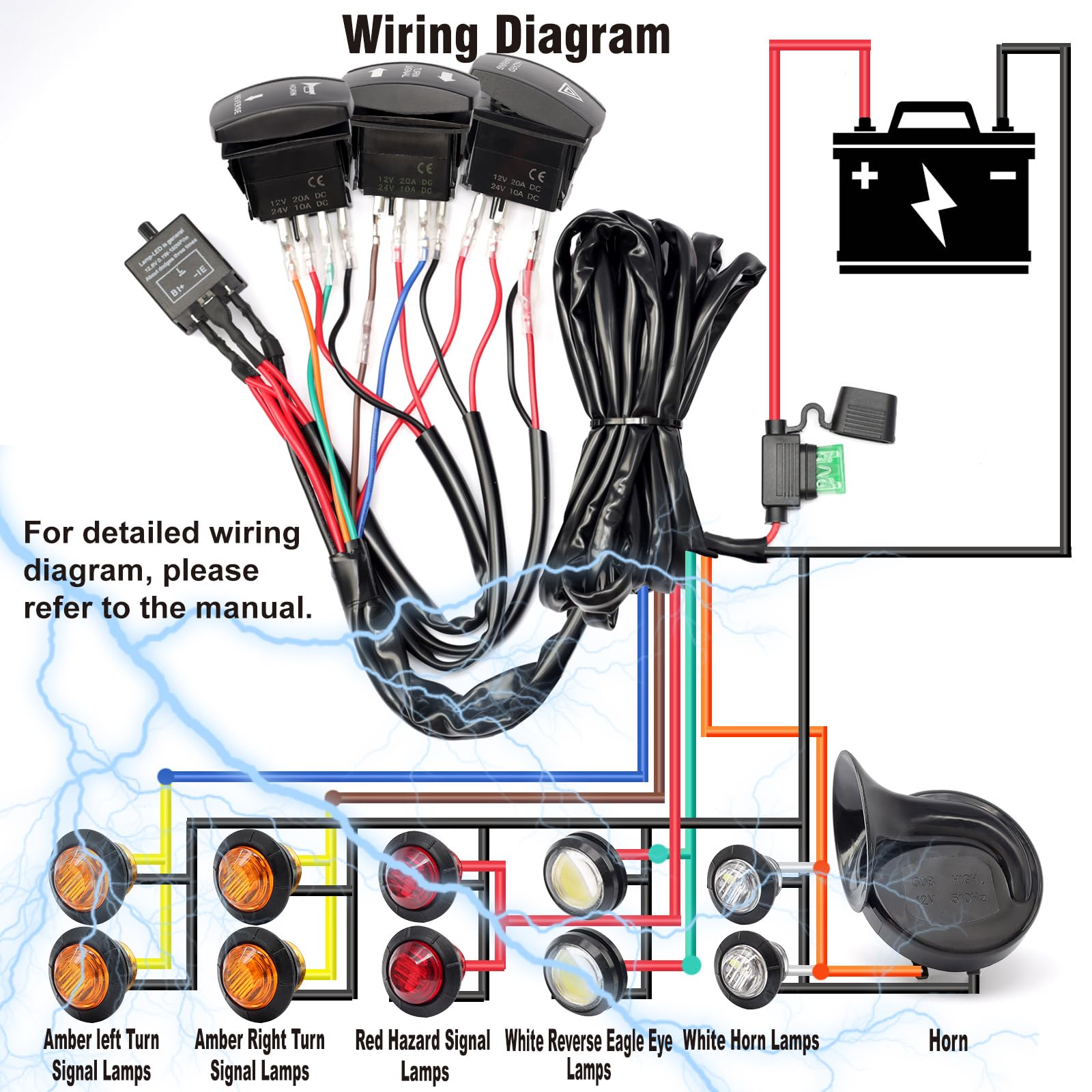 Erchon Pre-Wired Atv Utv Turn Signal Horn Kit,Universal Street Legal Kit Warning Light Rocker Switch Kit With 1Horn Reverse Ligh