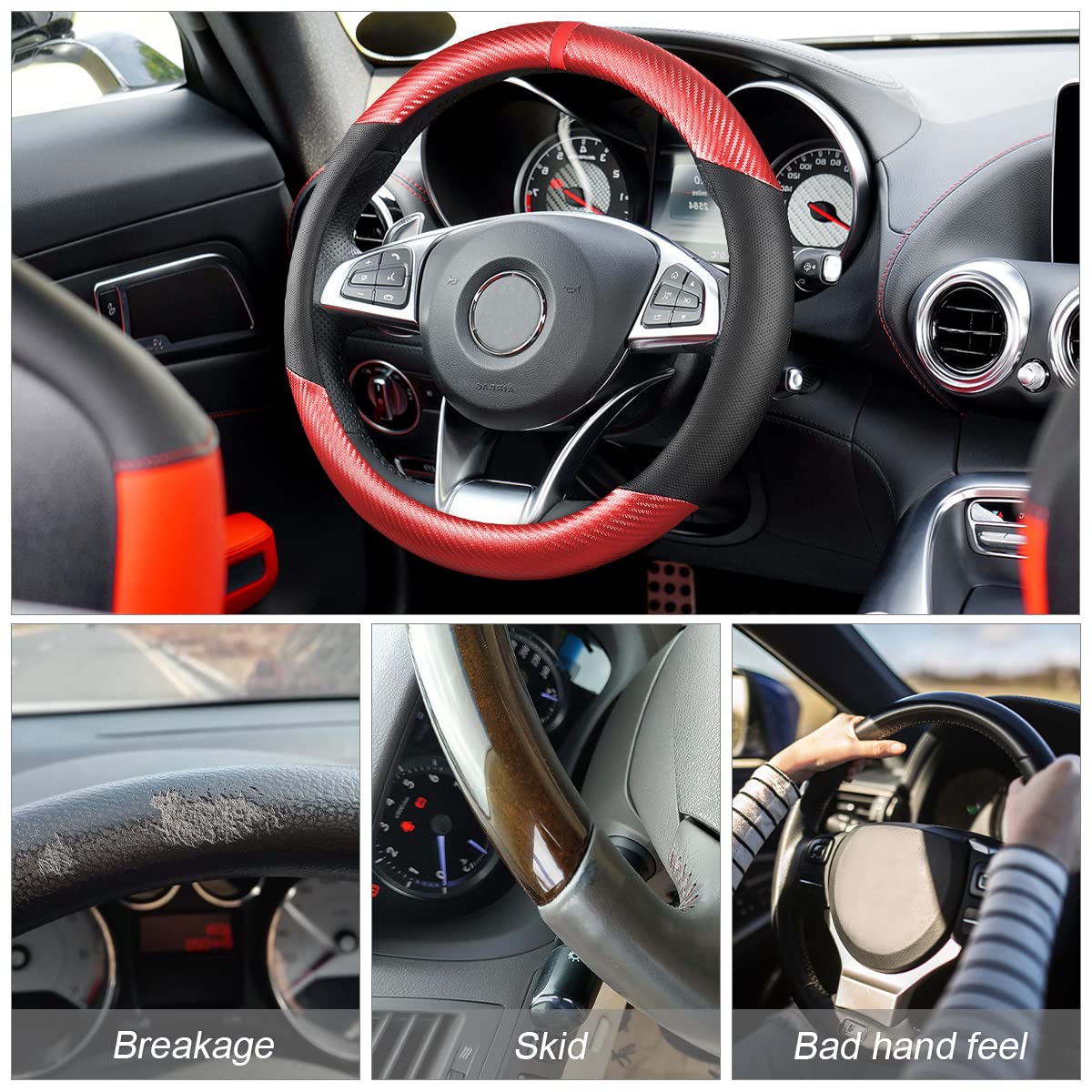 Moly Magnolia Steering Wheel Cover, Carbon Fiber Breathable Microfiber Leather With Non-Slip Lining, Cool In Summer Warm In Wint