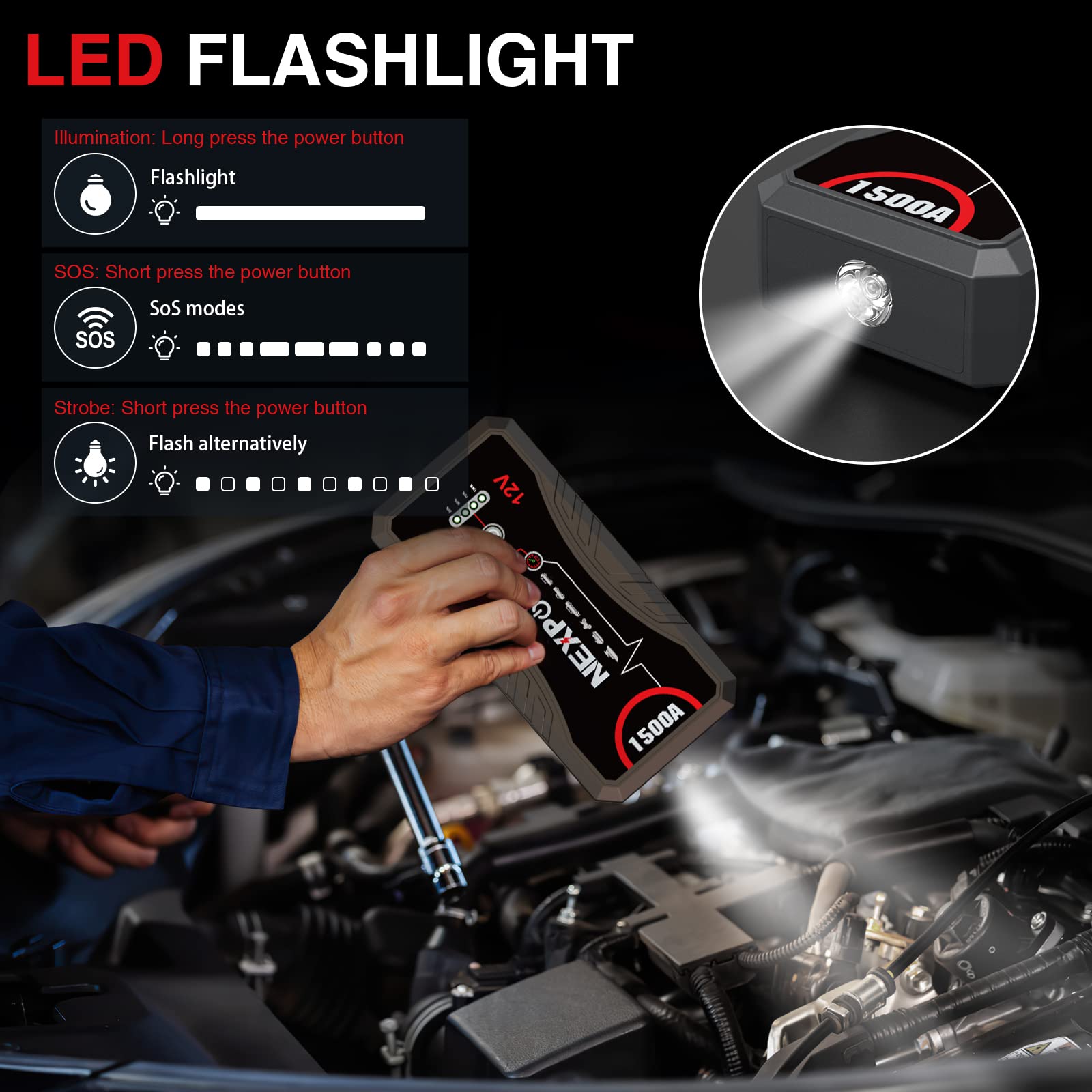 NEXPOW Car Jump Starter Q10S, 1500A Peak, 12800mAh, 12V Lithium Battery Booster with LED Light & USB QC3.0