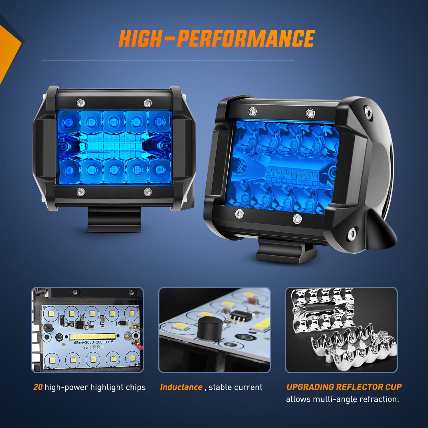 Nilight 4 Blue LED Light Pods - 60W Flood Spot Combo for UTV, Trailer, Boat, Tractor - Driving, Fog, Fishing, Emergency Lighting (2PCS)