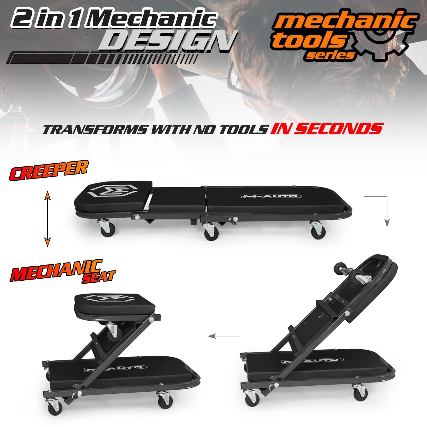 M-AUTO 40-Inch Folding Creeper Rolling Seat, Adjustable Garage Chair, 330LBS Capacity, Black