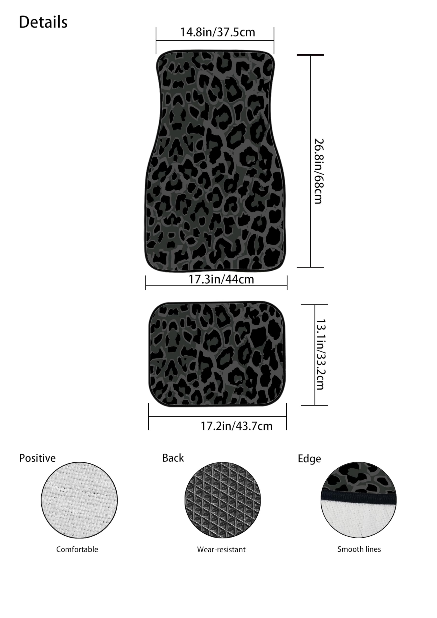 LONSANT Leopard Print Car Floor Mats Set of 4, Polyester, 26.8"x17.3"x14.8", Black Grey Green, Model A-47, Universal Fit for Cars