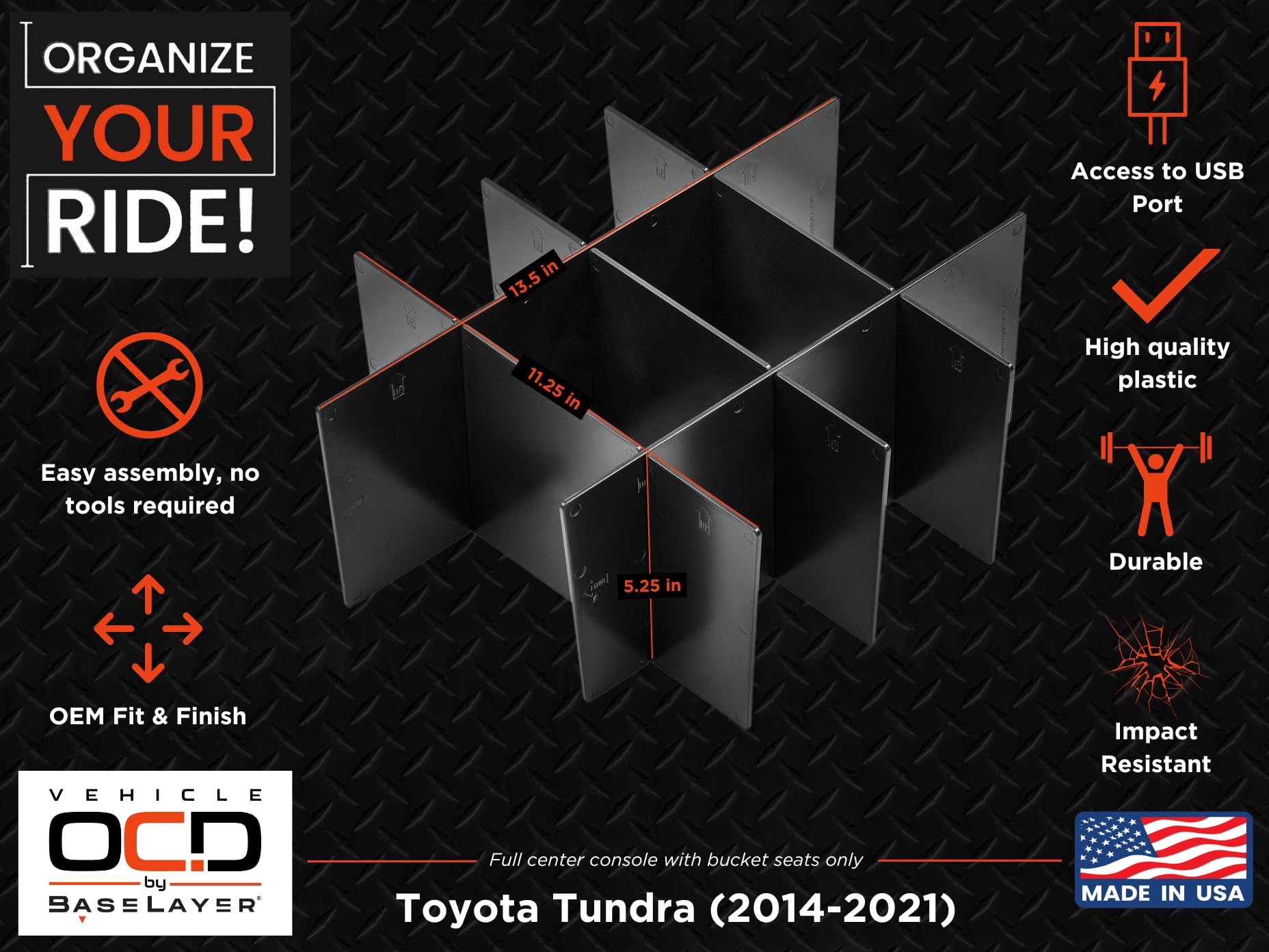 Vehicle Ocd - Center Console Divider And Tray Organizer For Toyota Tundra (2014-2021) - Made In Usa - Slx502
