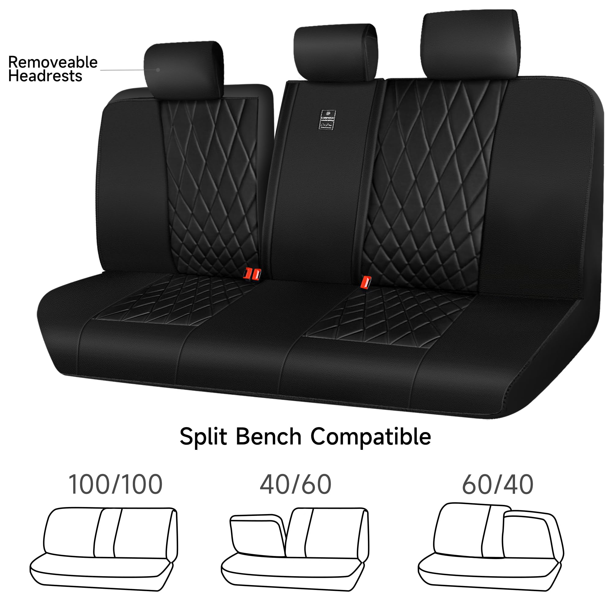 CAR PASS Luxury Faux Leather Rear Bench Seat Covers, Waterproof, Anti-Slip, Universal Fit, All Black, Model ZT122-BK1-HP