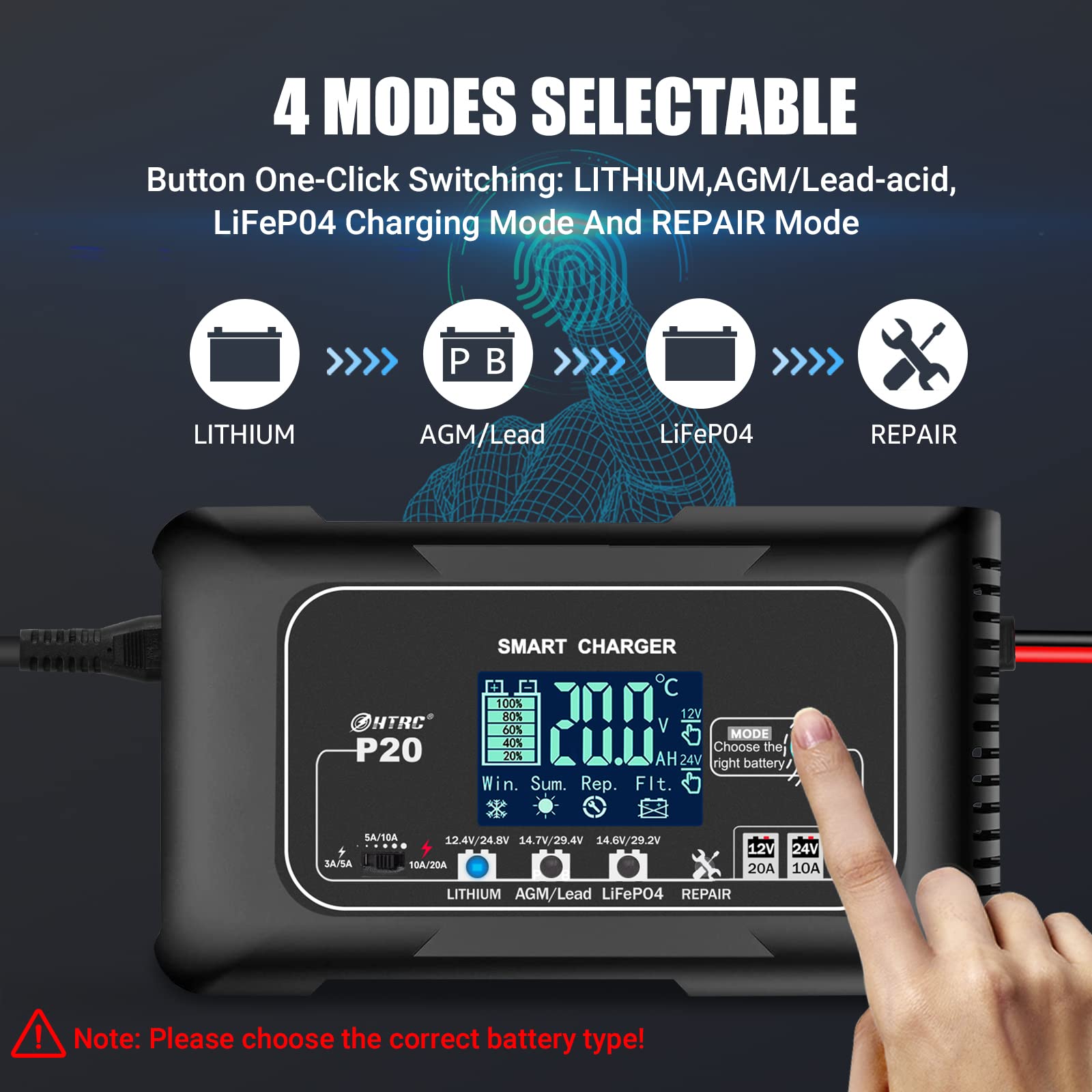 20-Amp Smart Battery Charger,Lithium,Lifepo4,Lead-Acid(Agm/Gel/Sla.) Car Battery Charger,Trickle Charger, Maintainer/Deep Cycle
