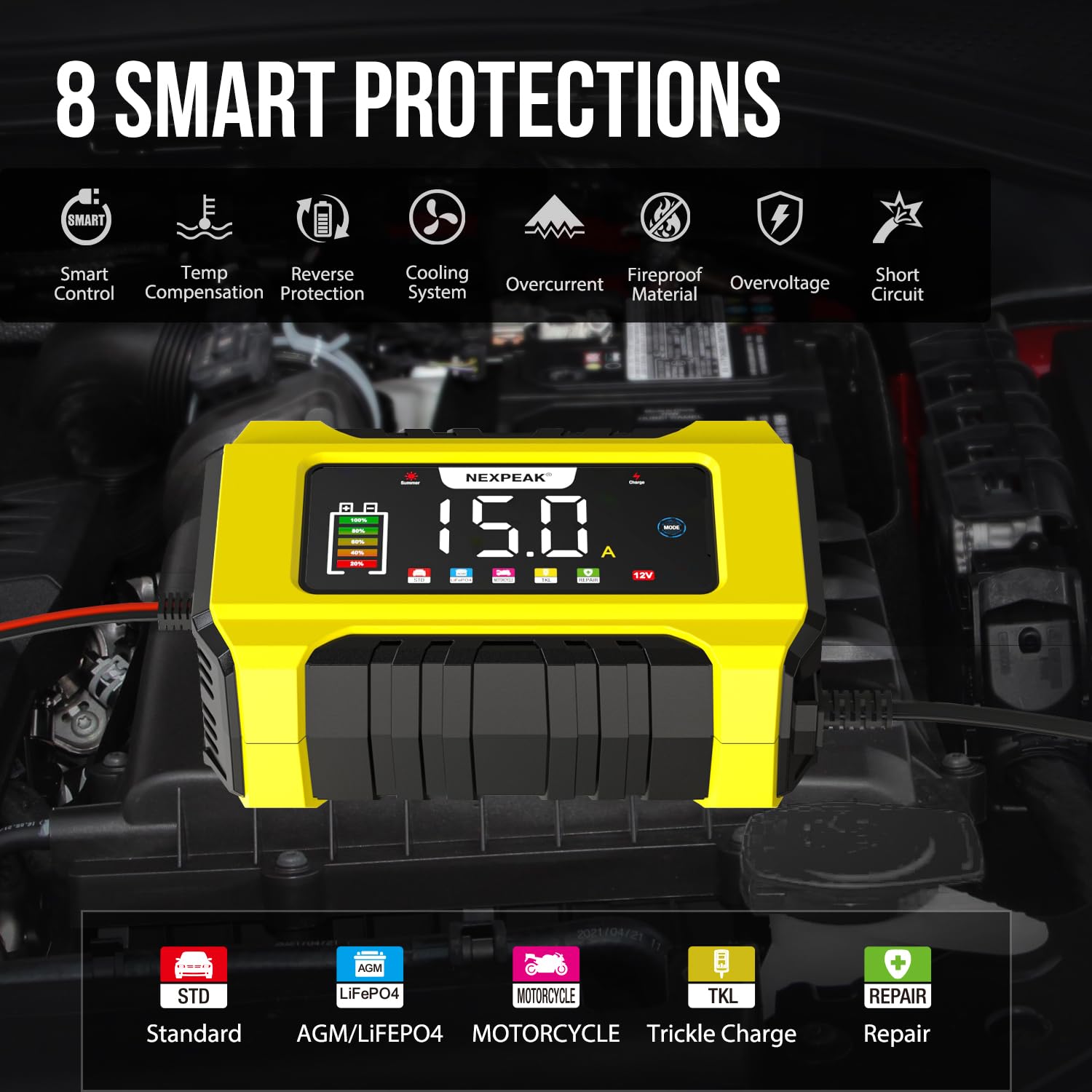 Nexpeak Nc215 15-Amp Battery Charger, Trickle Charger Car Battery Charger 12V 24V Lifepo4 Lead Acid Portable 9-Stage Smart Batte