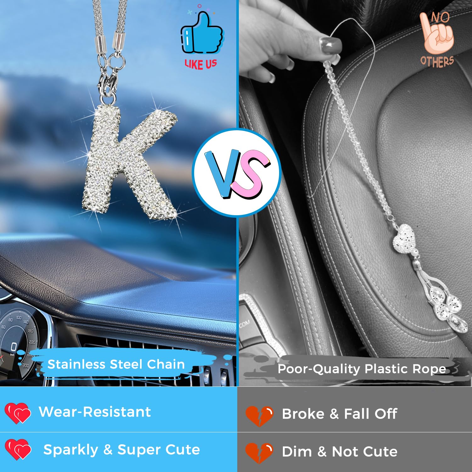 Hitluste Bling Car Letter Charm Pendant, Crystal Rear View Mirror Ornament, Alloy, White K, Model EL-K-1PC-W