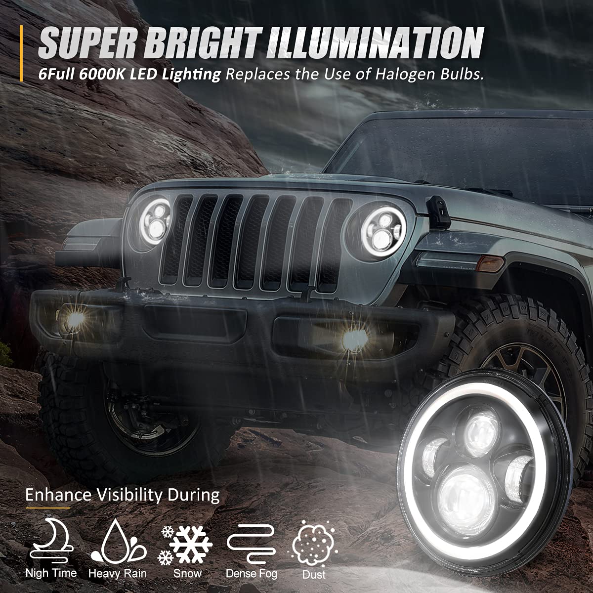 Nuvision Lighting Nvl-Hl-001H 7 Inches Led Halo Drl Headlight High Low Beam Compatible With 97-17 Jeep Wrangler Jk Tj Lj Cj 18 W