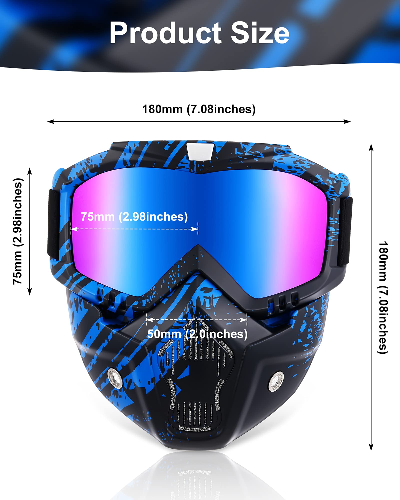 Frienda Motorcycle Goggles and Face Mask Set, Polycarbonate, Medium, Model Frienda-10840, Detachable Helmet Riding Glasses