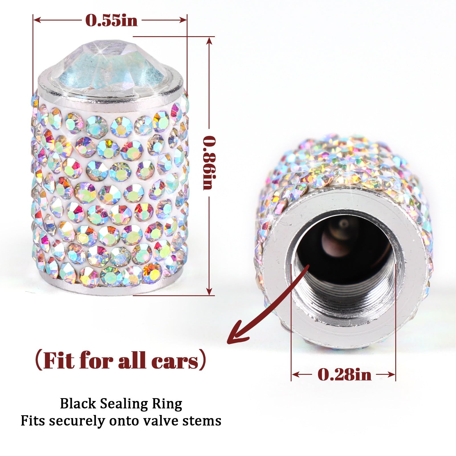 ToBeQueen Bling Tire Valve Caps - 4 Pack Handmade Crystal Rhinestone Dustproof Car Accessories - F-AB Color for Cars/SUVs/Motorcycles/Bikes