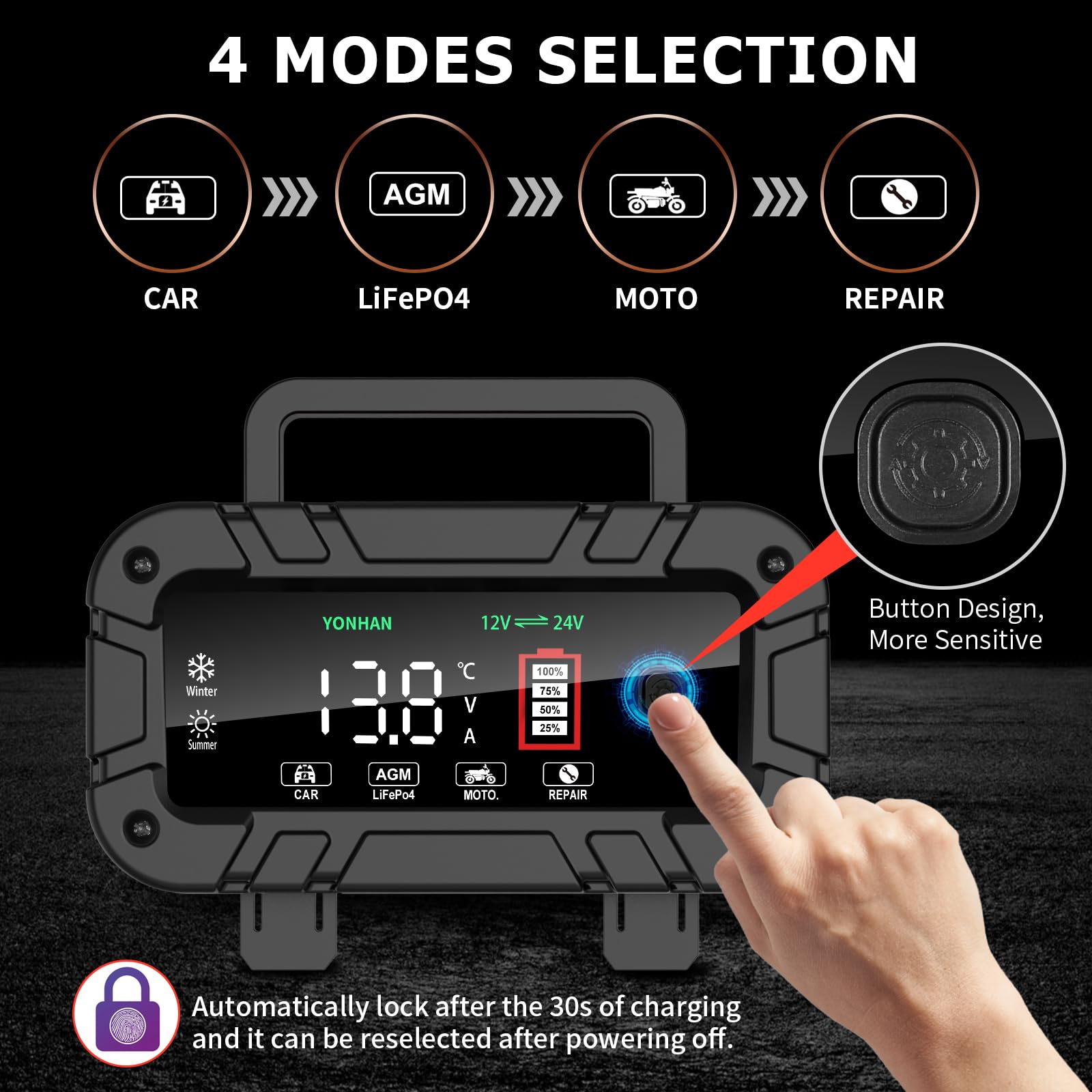 YONHAN 12V/24V Battery Charger, 0-10 Amp Smart Trickle Charger with Large Display, Portable Automotive Battery Maintainer, Clear