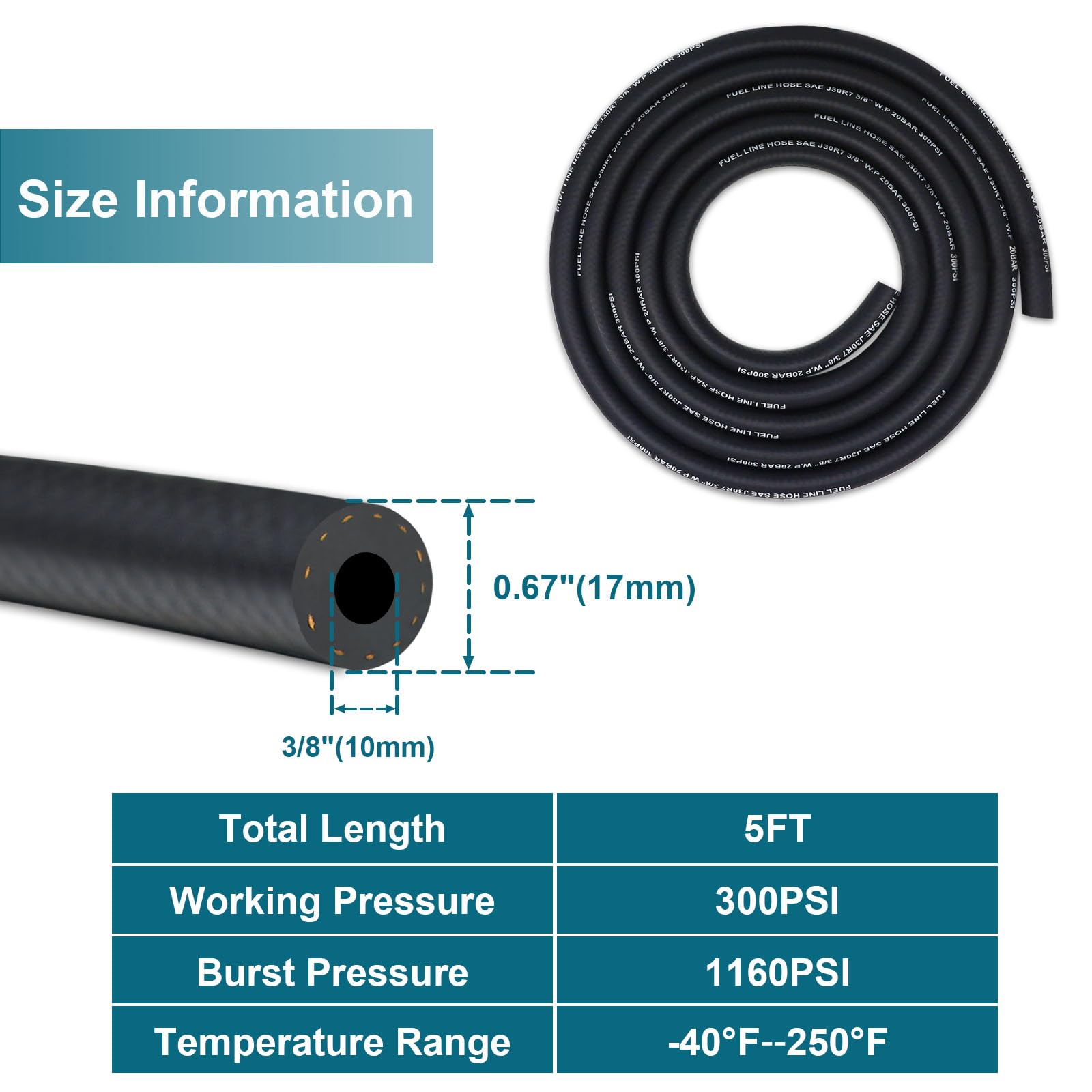 Vwtni 3/8 Fuel Line, Fuel Line Hose 5 Feet, Nbr Rubber Gasoline Tube