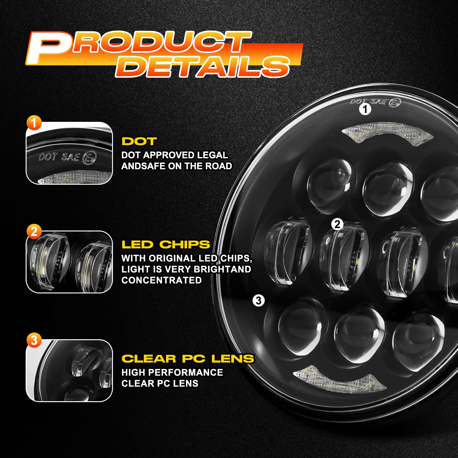 DOT Approved 80W 5-3/4'' 5.75'' Round LED Projection Headlight Compatible with Dyna Street Bob Super Wide Glide Low Rider Night