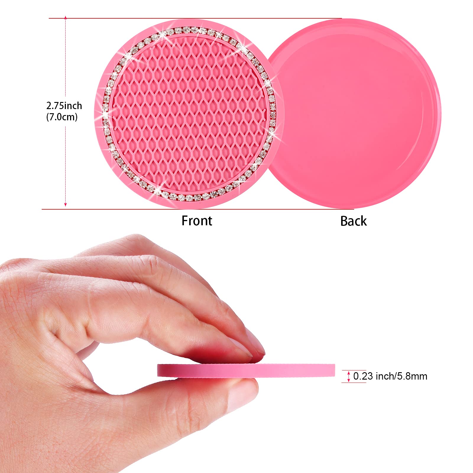 4Pcs Bling Car Cup Coaster, 2.75 Inch Auto Car Cup Holder Insert Coasters Silicone Anti-Slip Crystal Rhinestone Drink Car Cup Mat, Universal Vehicle Interior Accessories For Women Girls (Pink)