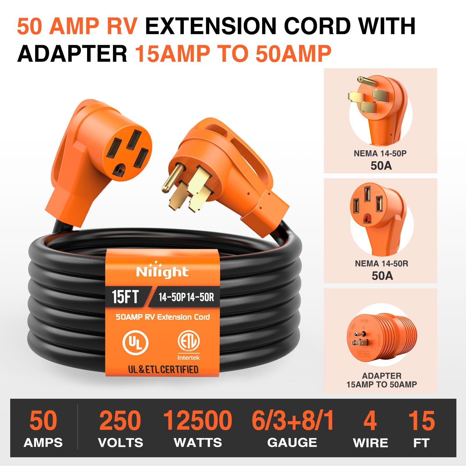 Nilight 15Ft 50 Amp Rv Extension Cord With Adapter 15Amp To 50Amp 250V Heavy Duty 6/3+8/1 Gauge Pure Copper Stw Wire Ul Etl List