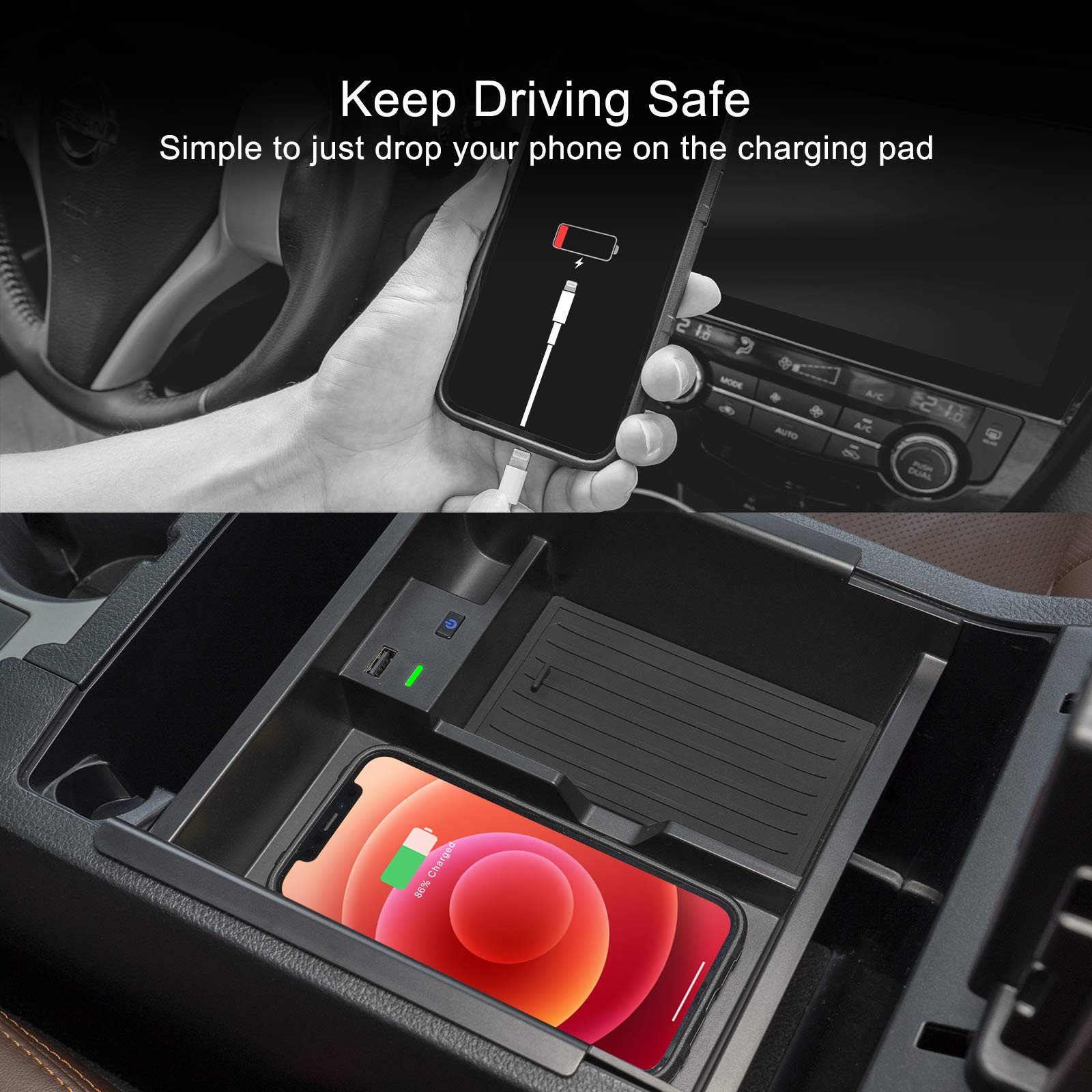 CarQiWireless Wireless Charger & Organizer Tray for Toyota 4Runner 2010-2024, Black, Compatible with 5th Gen SR5 TRD Truck Accessories