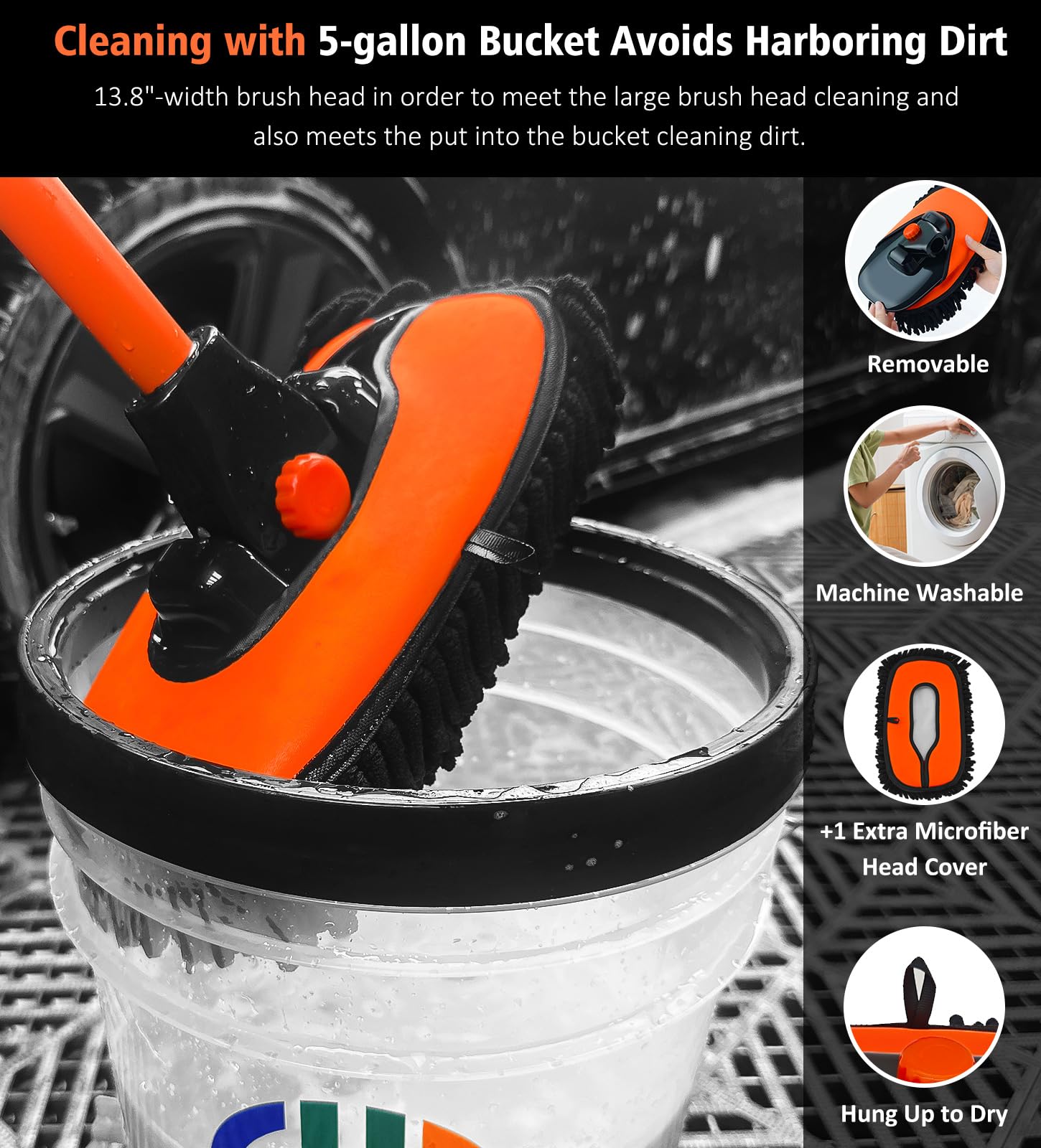 YeewayVeh Car Wash Brush Mop - 43" Extendable with 15° Curved Soft Brush, Extra Microfiber Head, 2 Pieces, Orange