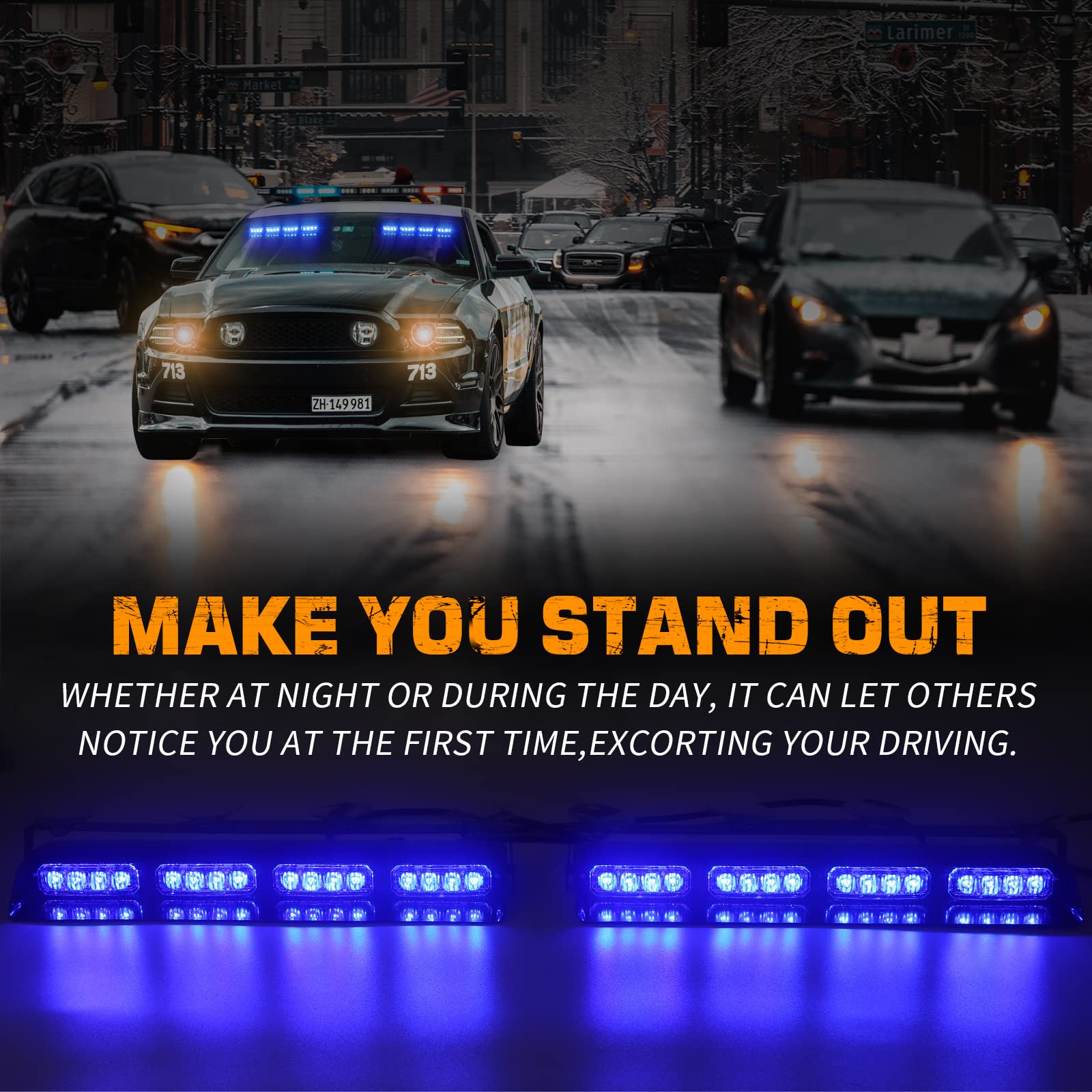 XRIDONSEN Emergency Dash Strobe Lights, Blue 2x14 inch, ABS Material, Suction Cup Mount for Police, Ambulance, Trucks