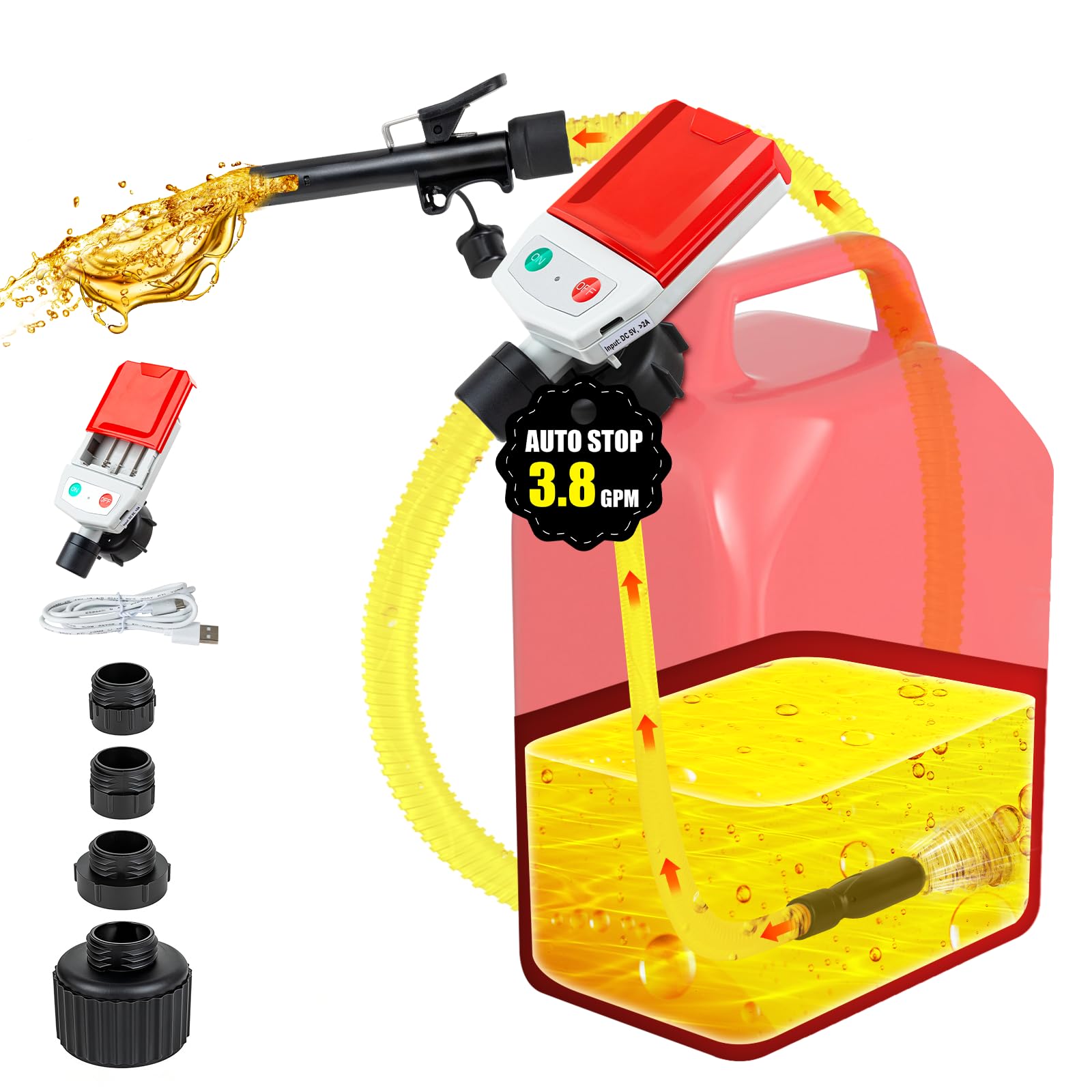 Cordless Fuel Transfer Pump with Auto-Stop and Full Alarm, 3.8 GPM Gas Can Pump Battery & USB-C Powered, 51'' Hose, 4 Adapters, 