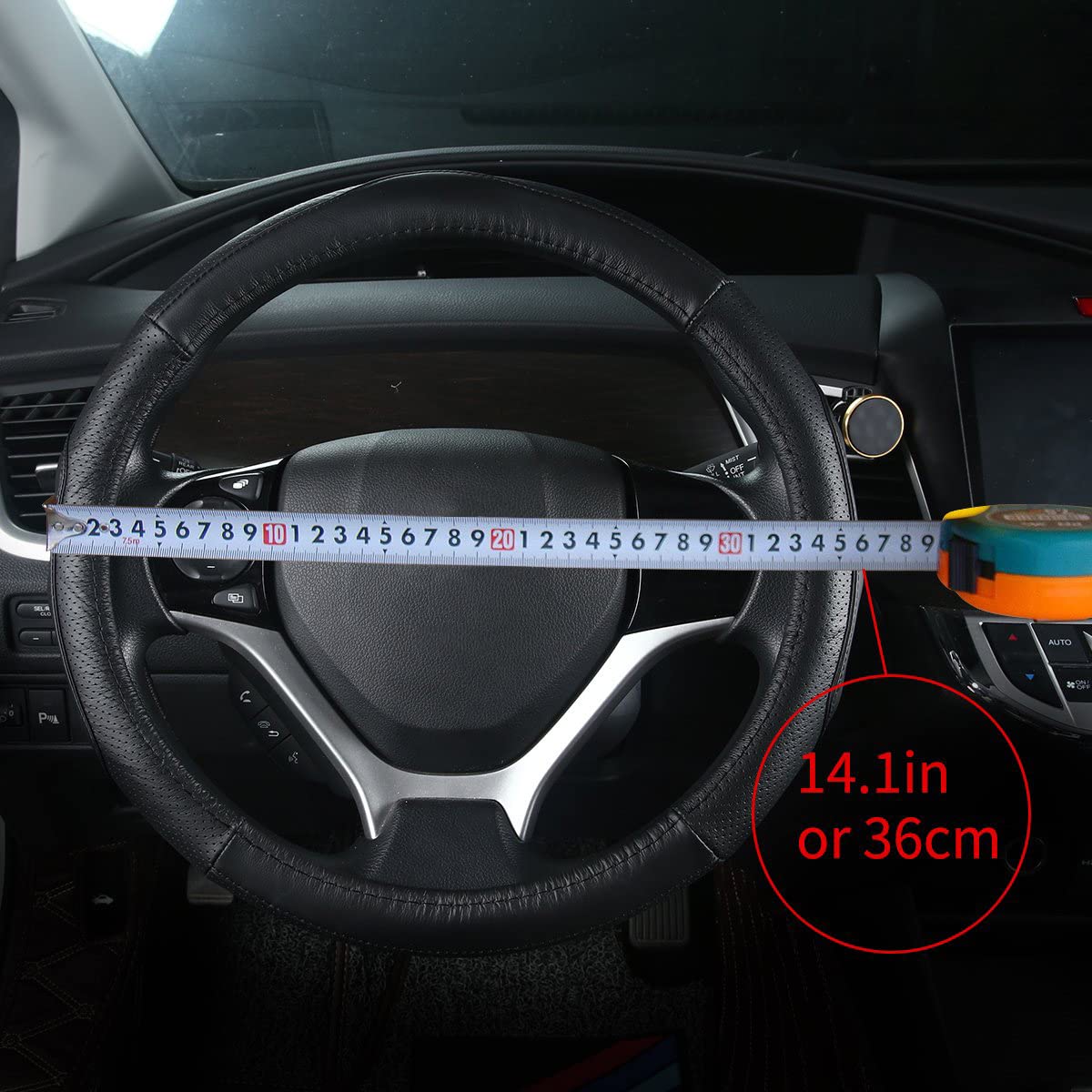QianBao Genuine Soft Black Leather Steering Wheel Cover, 14 Universal Fit, Small 13.5-14.2, Odorless, Anti-Slip, Red Line