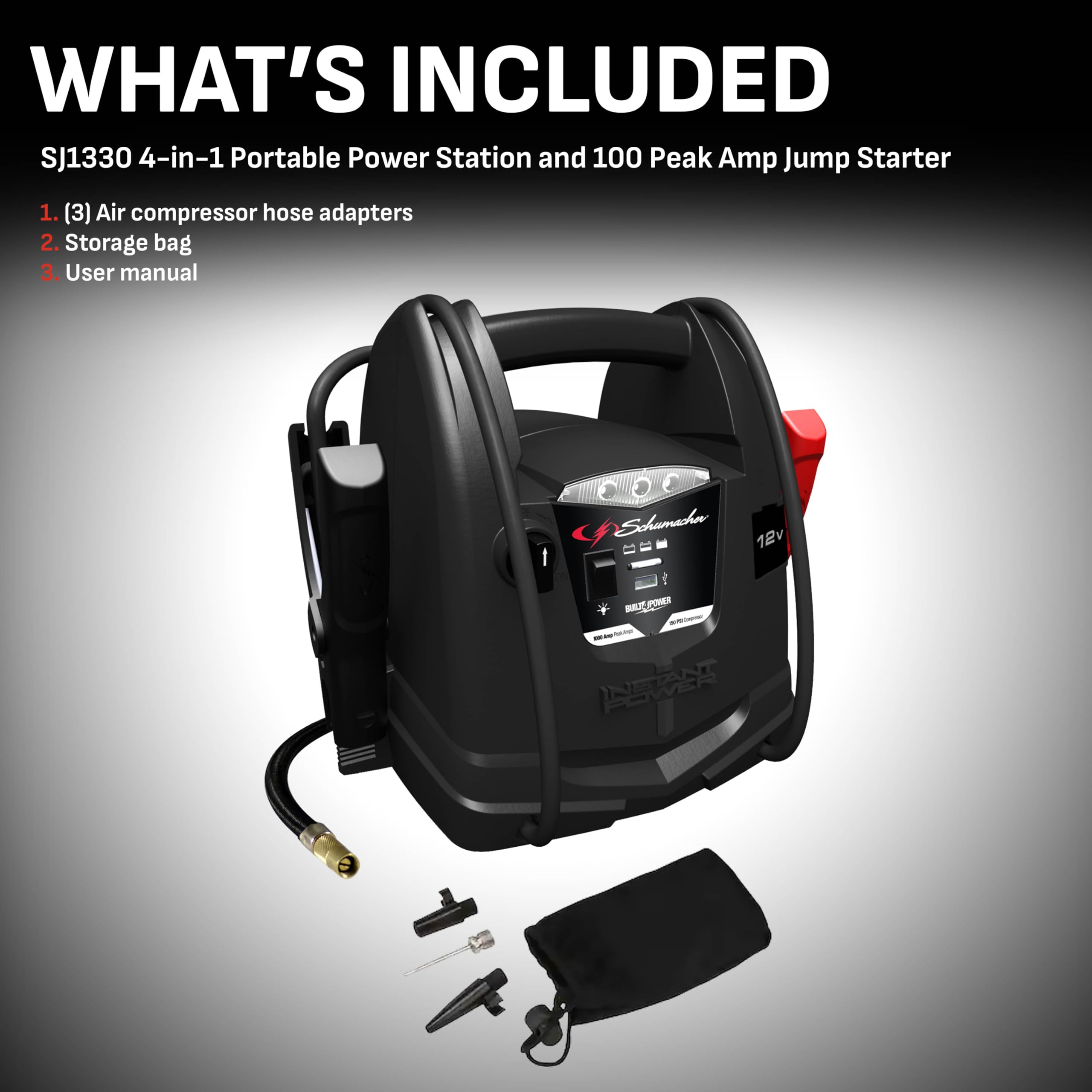 Schumacher SJ1330 Jump Starter & Air Compressor - 1000 Peak Amps, 12V USB Power Ports