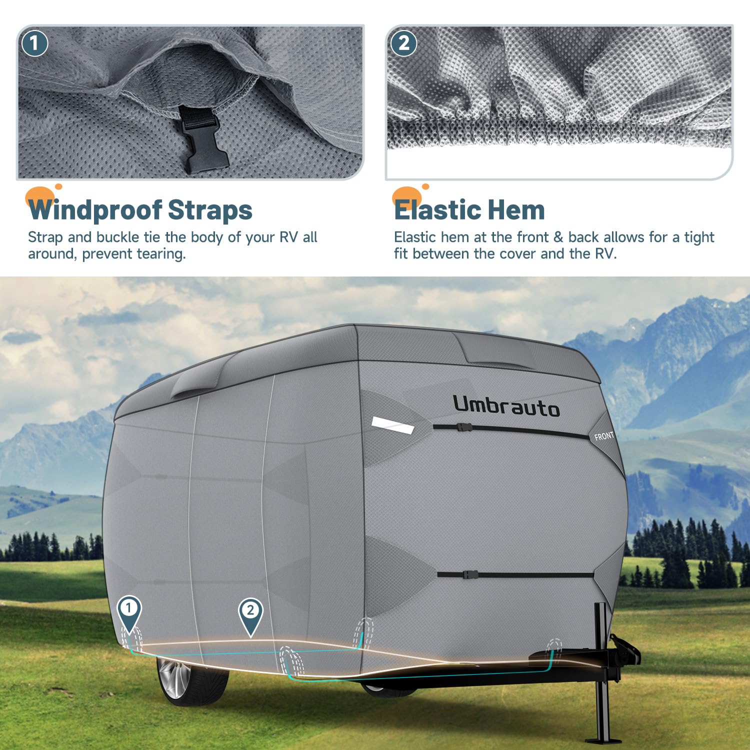Umbrauto Fiberglass Travel Trailer Cover, 7-Layer RV Cover for 8-10FT Trailers, Windproof Strap, Adhesive Repair Patches