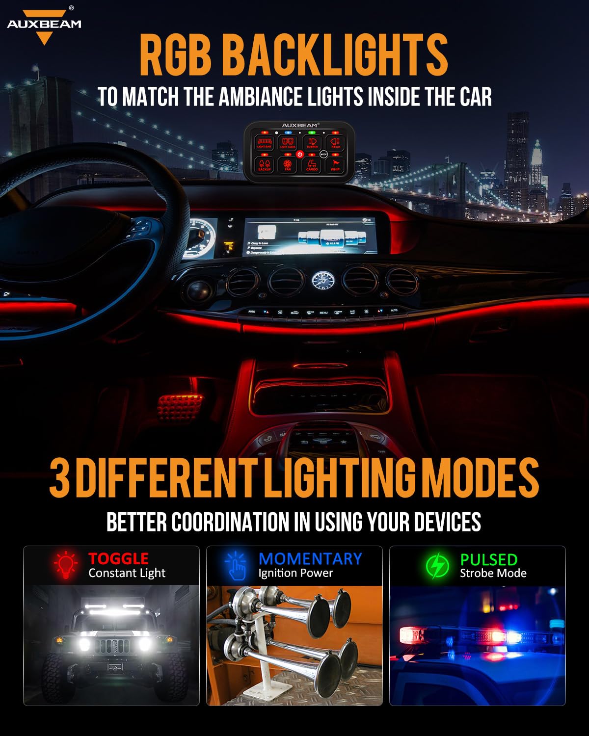 Auxbeam 8 Gang RGB Toggle Switch Panel, Dimmable, Waterproof, Aluminum, Model QPA01078B1-FBA, Easy Installation for Car/Boat/RV