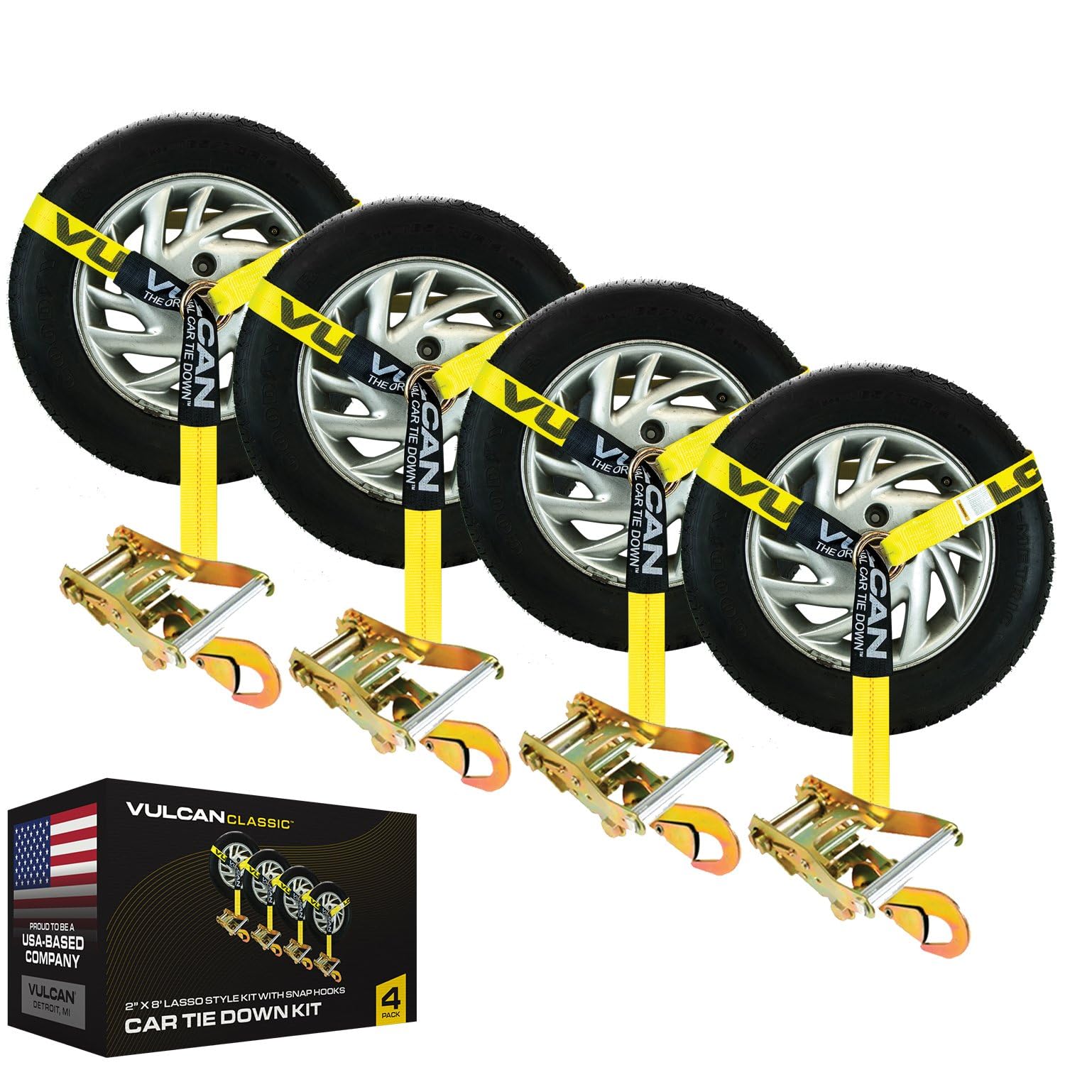 Vulcan Car Tie Down With Snap Hooks - Lasso Style - 2 Inch X 96 Inch - 4 Pack - Classic Yellow - 3,300 Pound Safe Working Load