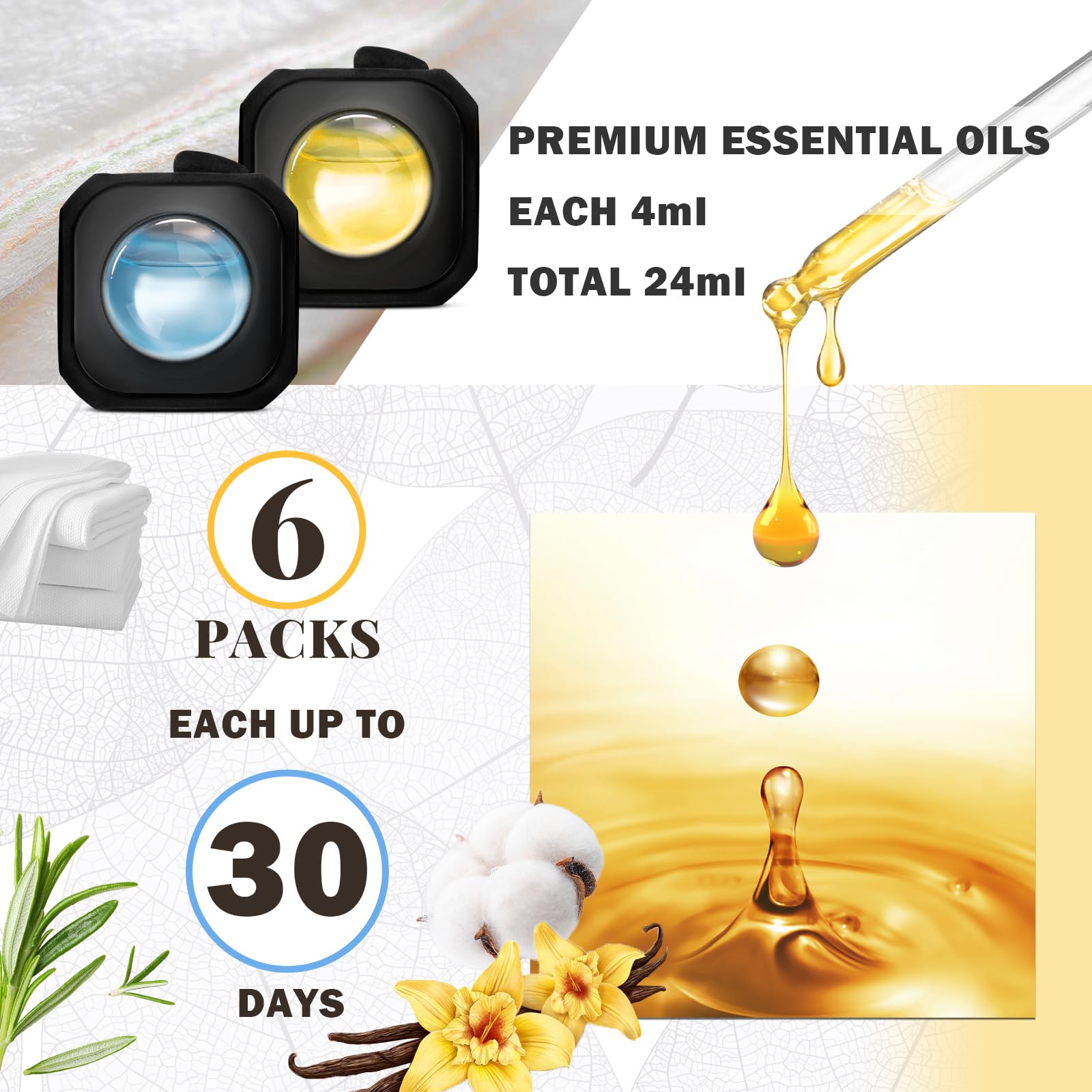 SCENTORINI Car Freshener Vent Clip, Variety Pack, 3 Vanilla + 3 Cotton Car Vent Clip Long Lasting, Car Fresheners for Men