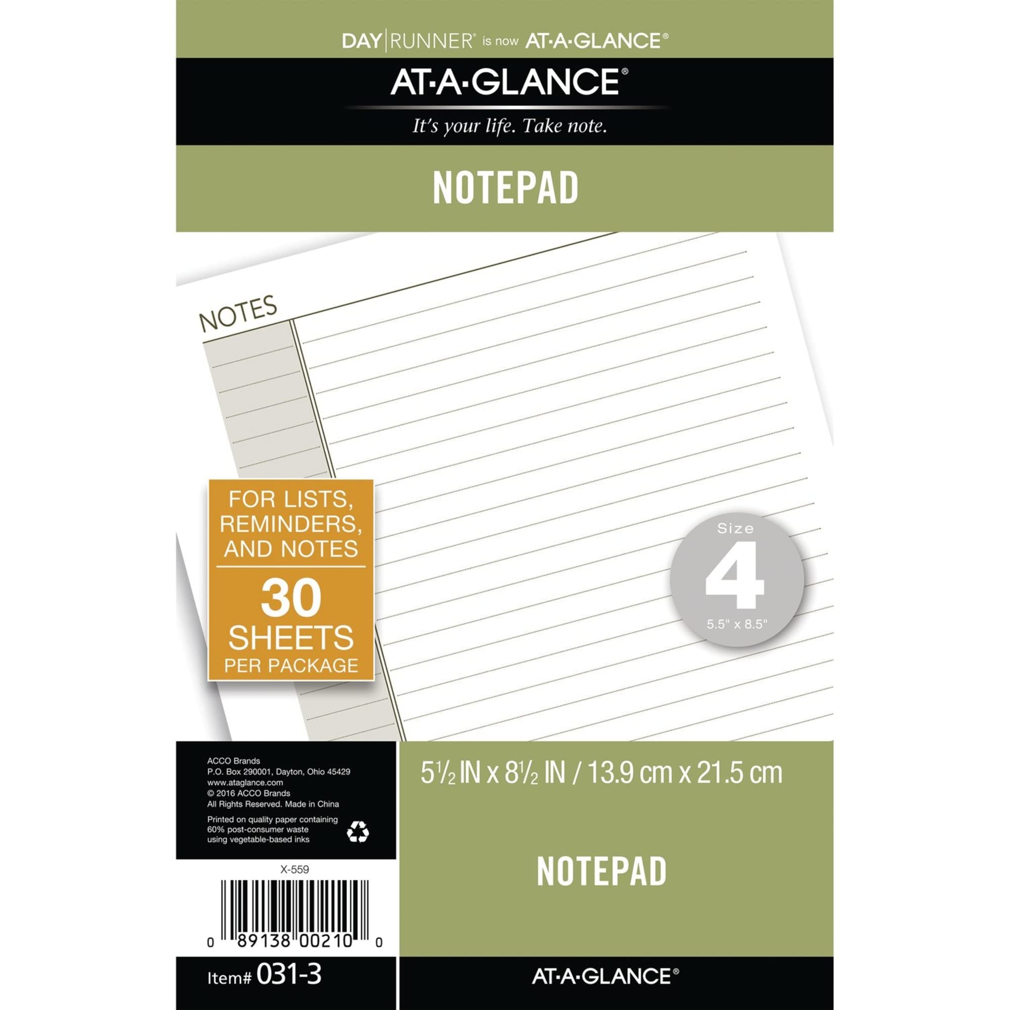 At-A-Glance Day Runner Lined Notepad Pages, 87275 Day-Timer, Refill, Loose-Leaf, Undated, For Planner, 5-1/2'' X 8-1/2'', Size 4