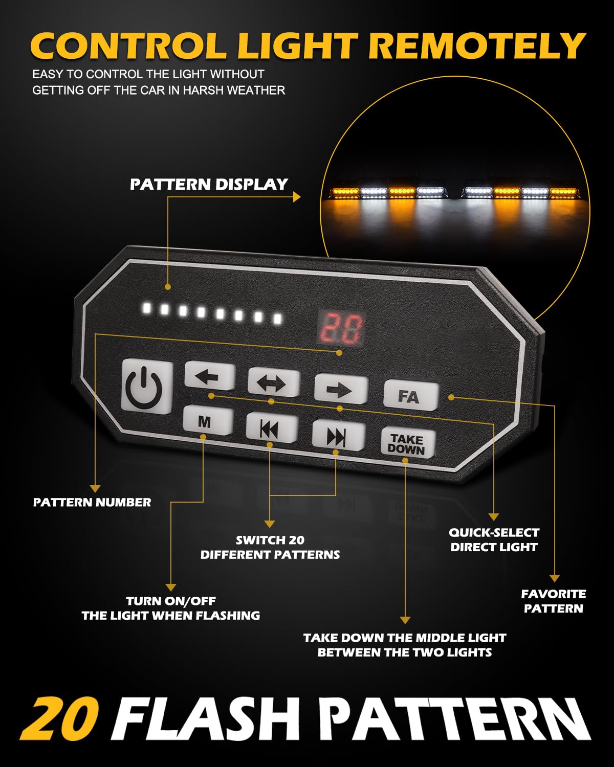 HLauto 604N Emergency Dash Strobe Lights - 48 LED Amber/White Light Bar with Controller for Trucks and Vehicles