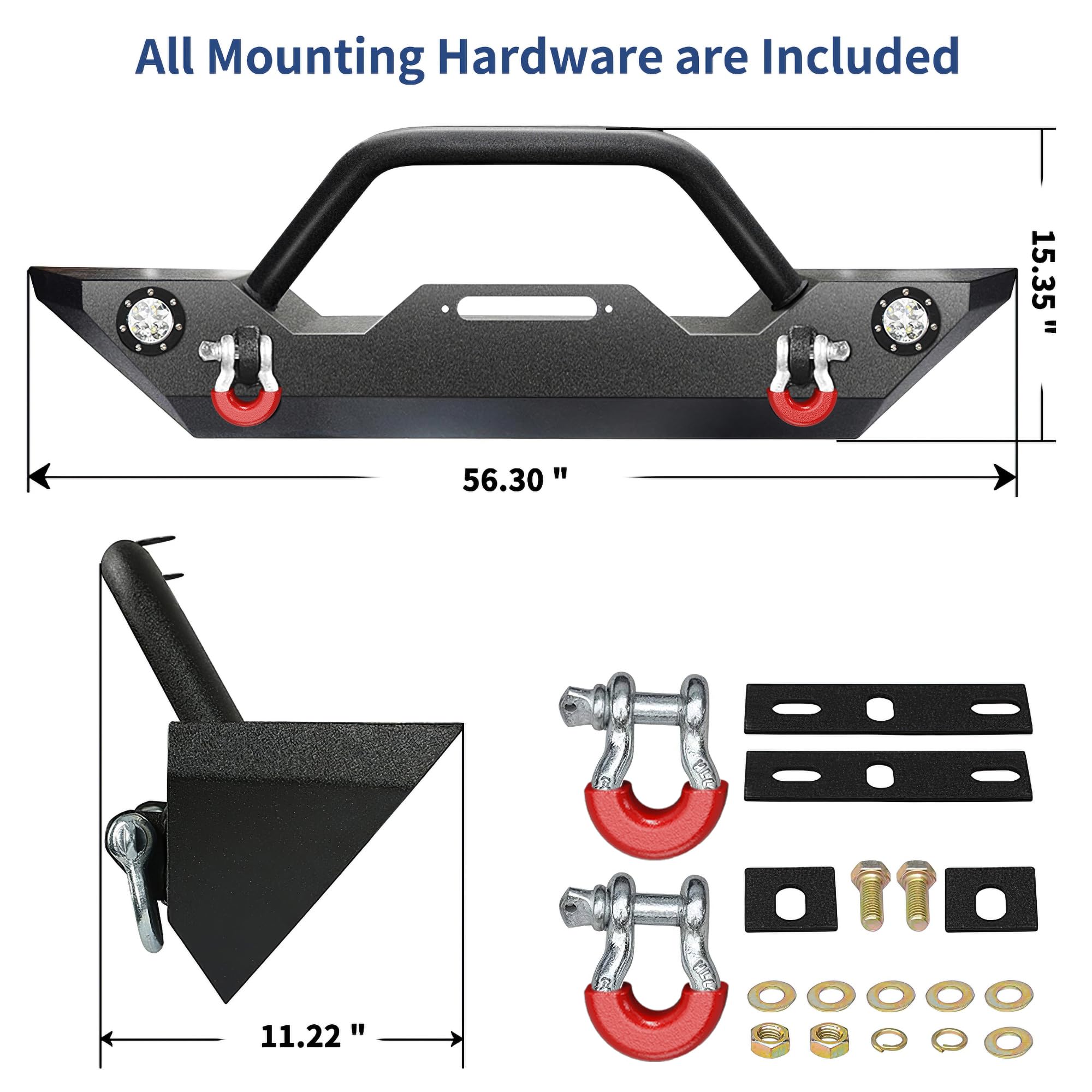 LEDKINGDOMUS Rock Crawler Front Bumper for 87-06 Jeep Wrangler YJ/TJ, Heavy Duty with Winch Plate & LED Lights, Textured Black, 56.3"