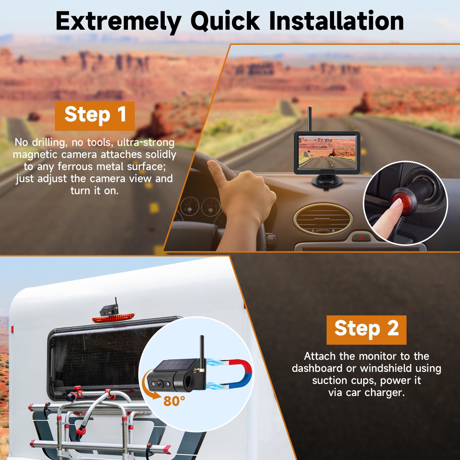 Magnetic Solar Wireless Backup Camera With 5    Hd Monitor, No Wiring, Built-In 10,000Mah Battery, Ip68 Waterproof,Ir Night Visi
