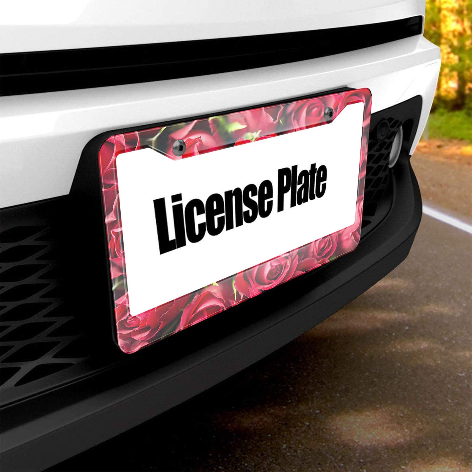HOSNYE Red Rose Flower License Plate Frame Natural Texture of Love Metal License Plate Cover Front Plates Frames Car Tag Frame f