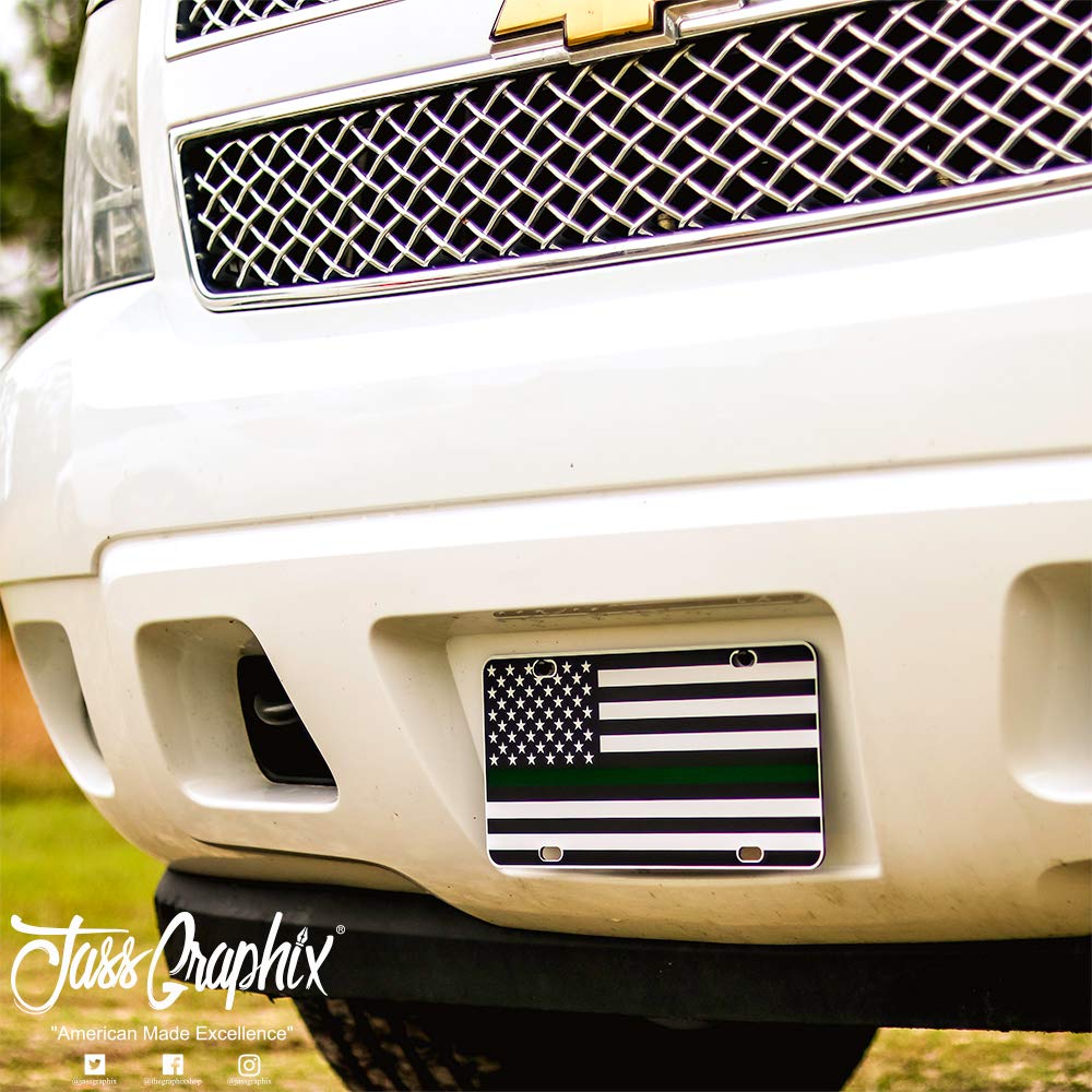 Jass Graphix Thin Green Line American Flag License Plate Heavy Duty Tactical Patriot Usa Car Tag (Black On White W Green)